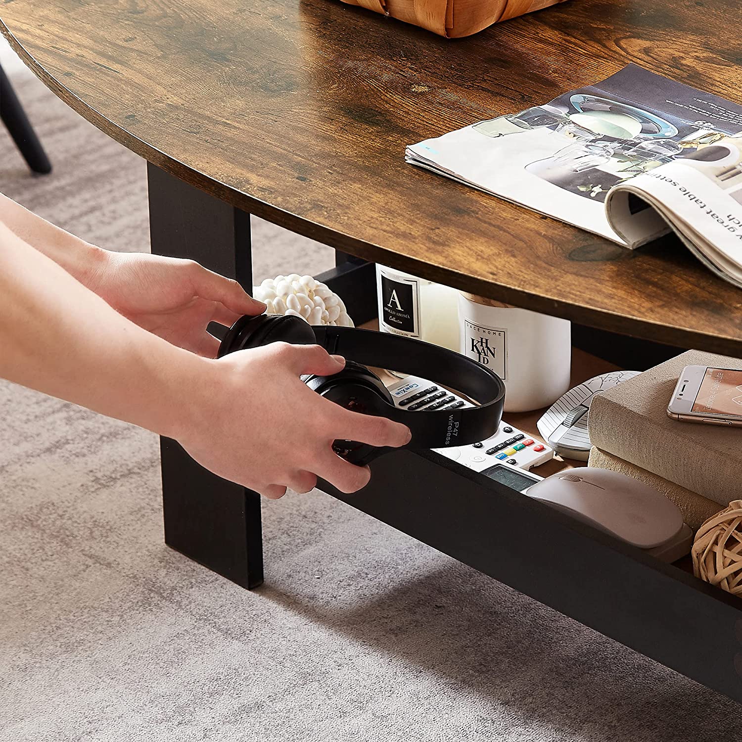 VECELO Coffee Table for Living Room with Storage Compartment Shelf, Rustic Brown - VECELO