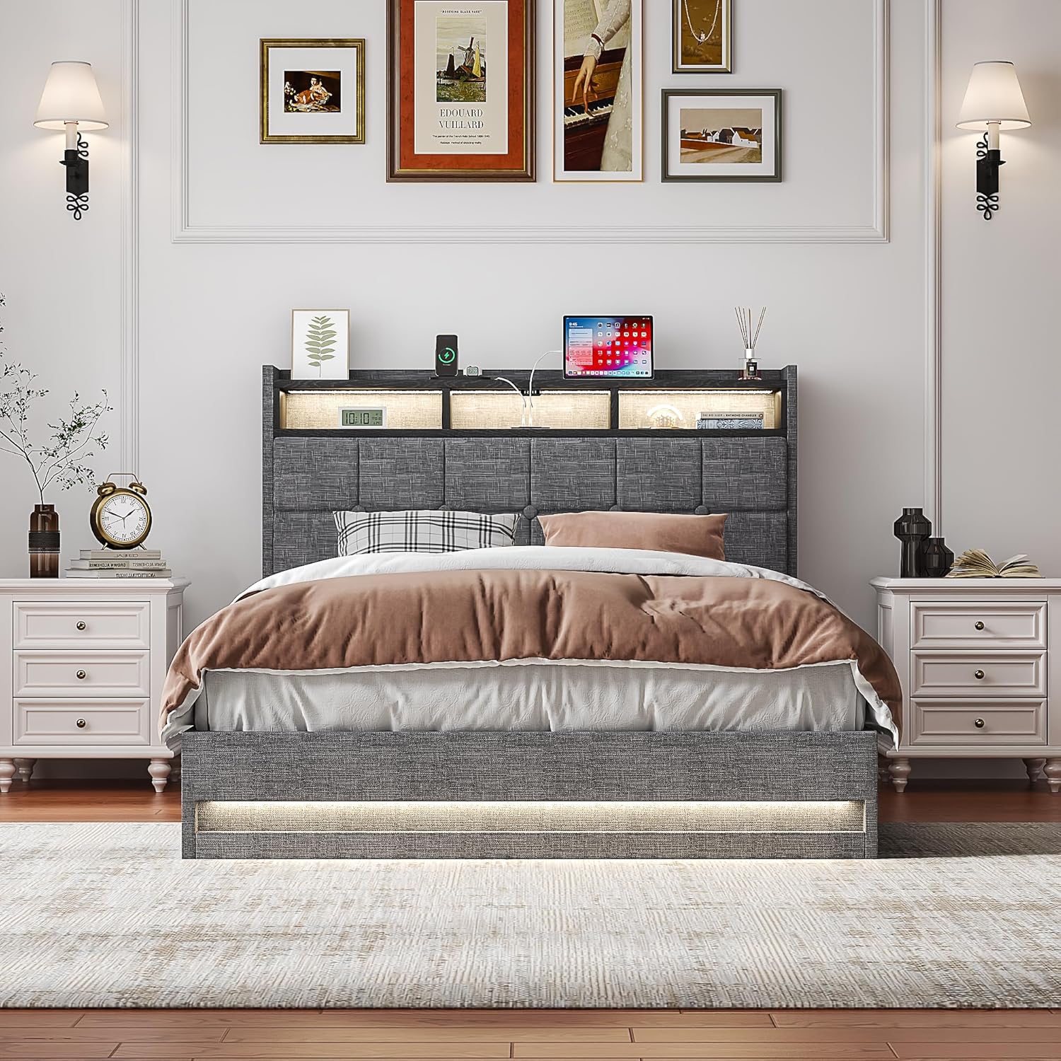 VECELO Lift Up Storage Bed, Upholstered Platform Bed Frame with Smart LED Lights and USB Charging Station