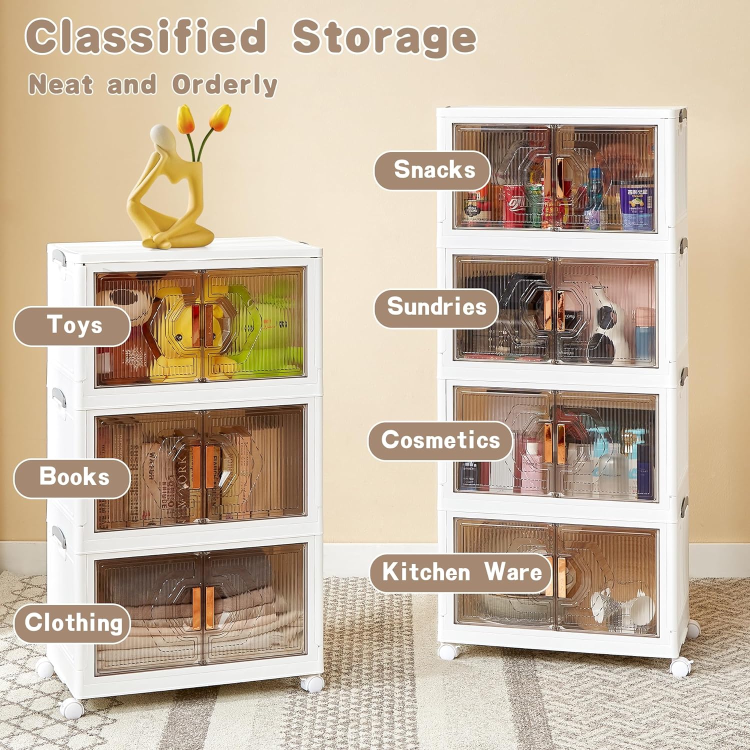 VECELO 3 Pack Plastic Foldable Stackable Storage Bin Double Door 19 Gal Closet Organizers and Storage with Lids and Wheels - VECELO