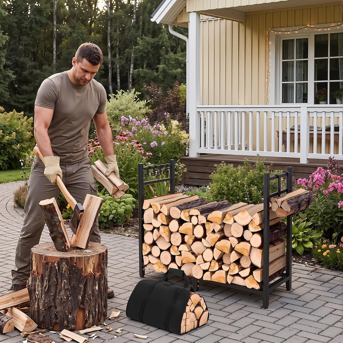 VECELO 34 Inch Firewood Rack with Carrier Bag  Heavy Duty Outdoor Wood Rack