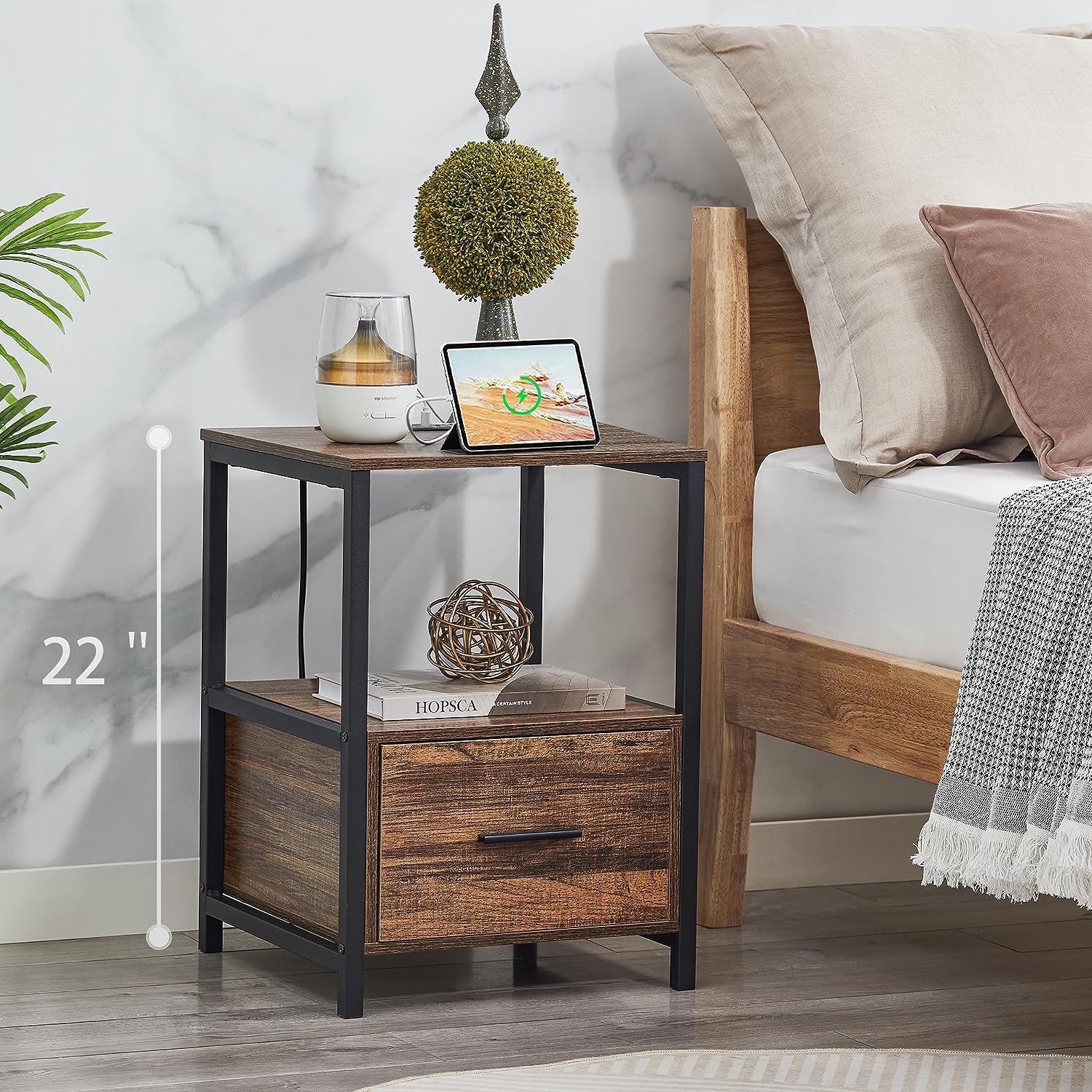 VECELO Modern Nightstand with Charging Station and USB Ports End Side Table