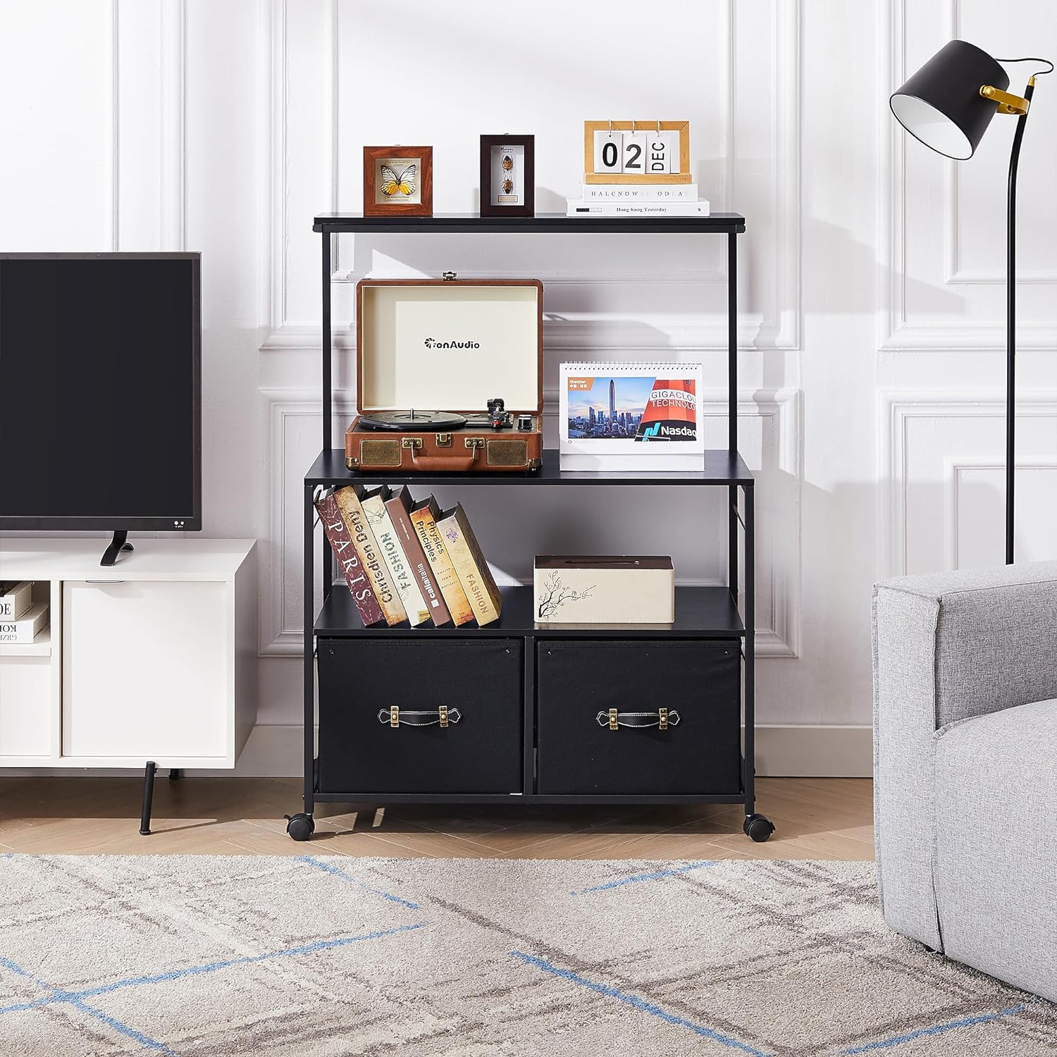 VECELO Lateral File Cabinet with 2 Big Rolling Printer Stand with 3 Open Storage Shelf - VECELO