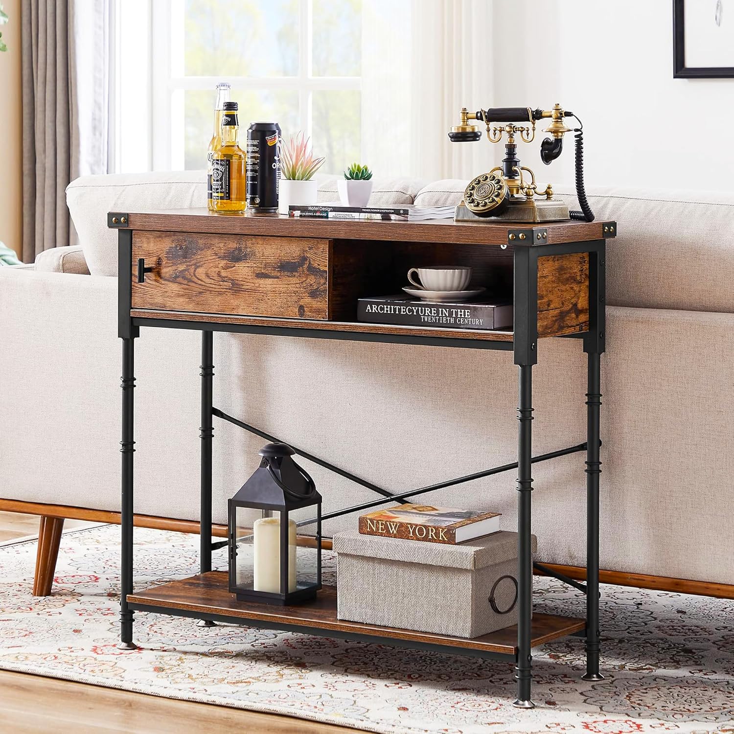 VECELO Console Table with Drawers, Narrow Wood Sofa Accent Furniture with Storage Shelf - VECELO