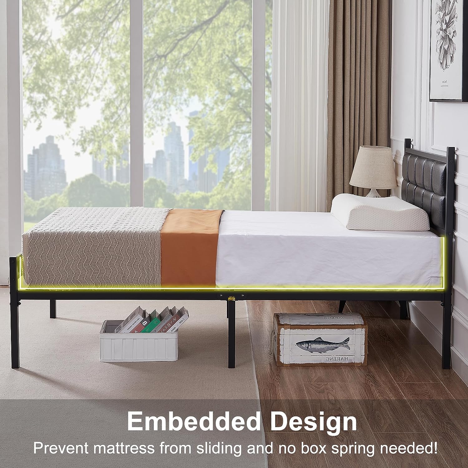 VECELO Bed Frame with PU Upholstered Headboard Metal Slats Support, No Box Spring Needed - VECELO