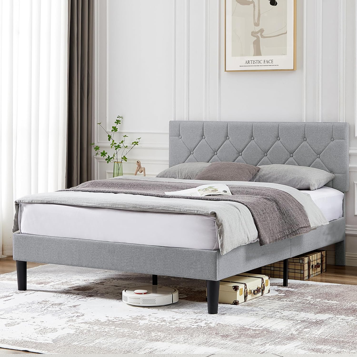 VECELO Bed Frame, Upholstered Platform with Adjustable Diamond Tufted Headboard