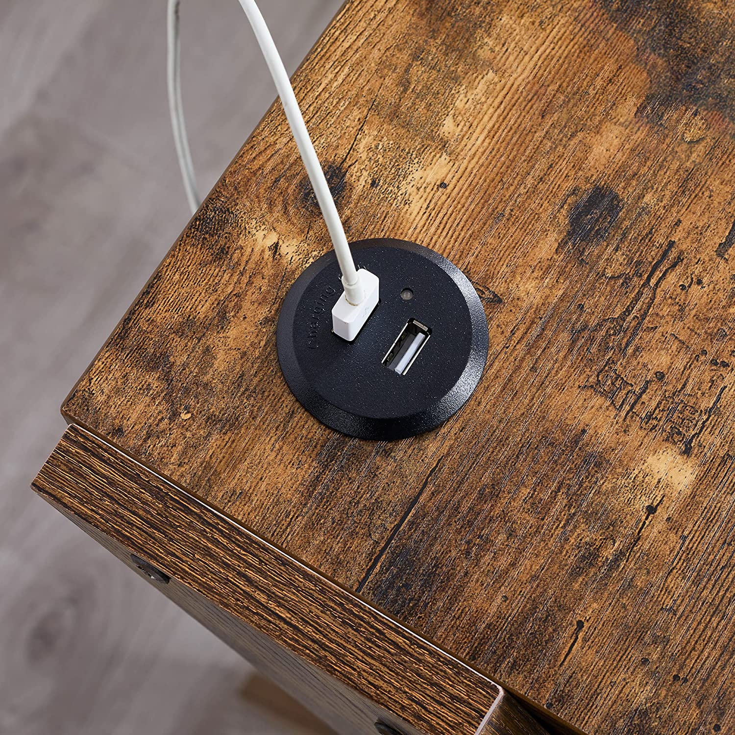 VECELO End Side Table with Charging Station Narrow Nightstand with Drawer& USB Ports