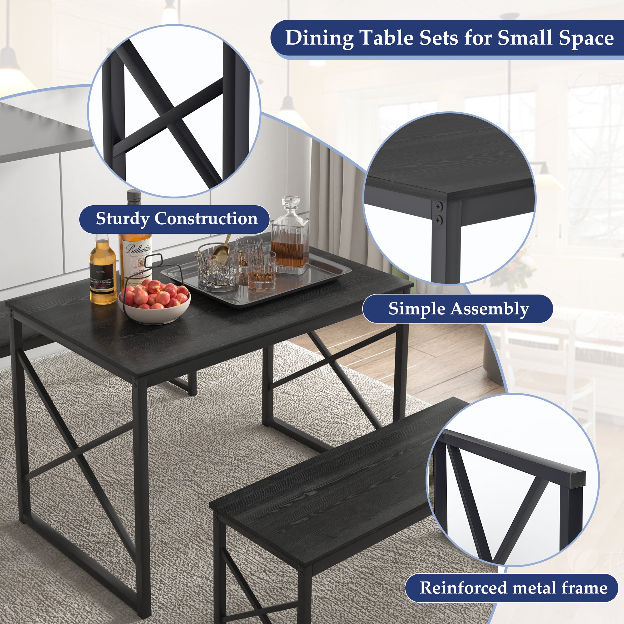 VECELO Kitchen Table with 2 Benches for 4 - VECELO