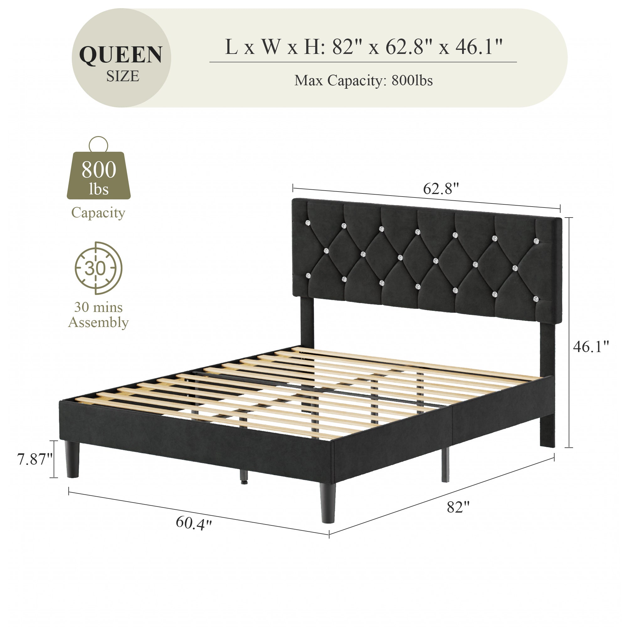 VECELO Bed Frame, Upholstered Platform with Adjustable Diamond Tufted Headboard