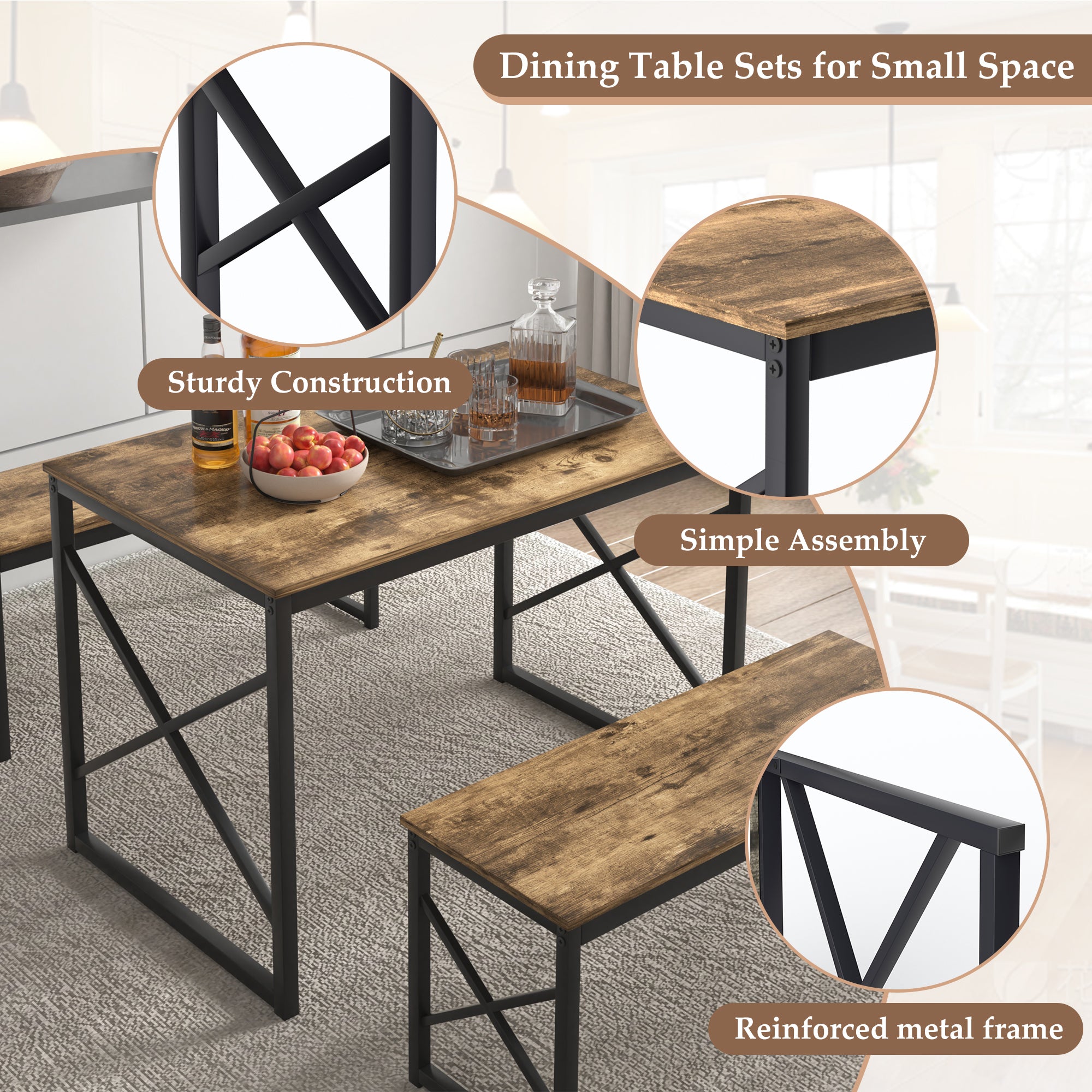 VECELO Kitchen Table with 2 Benches for 4 - VECELO