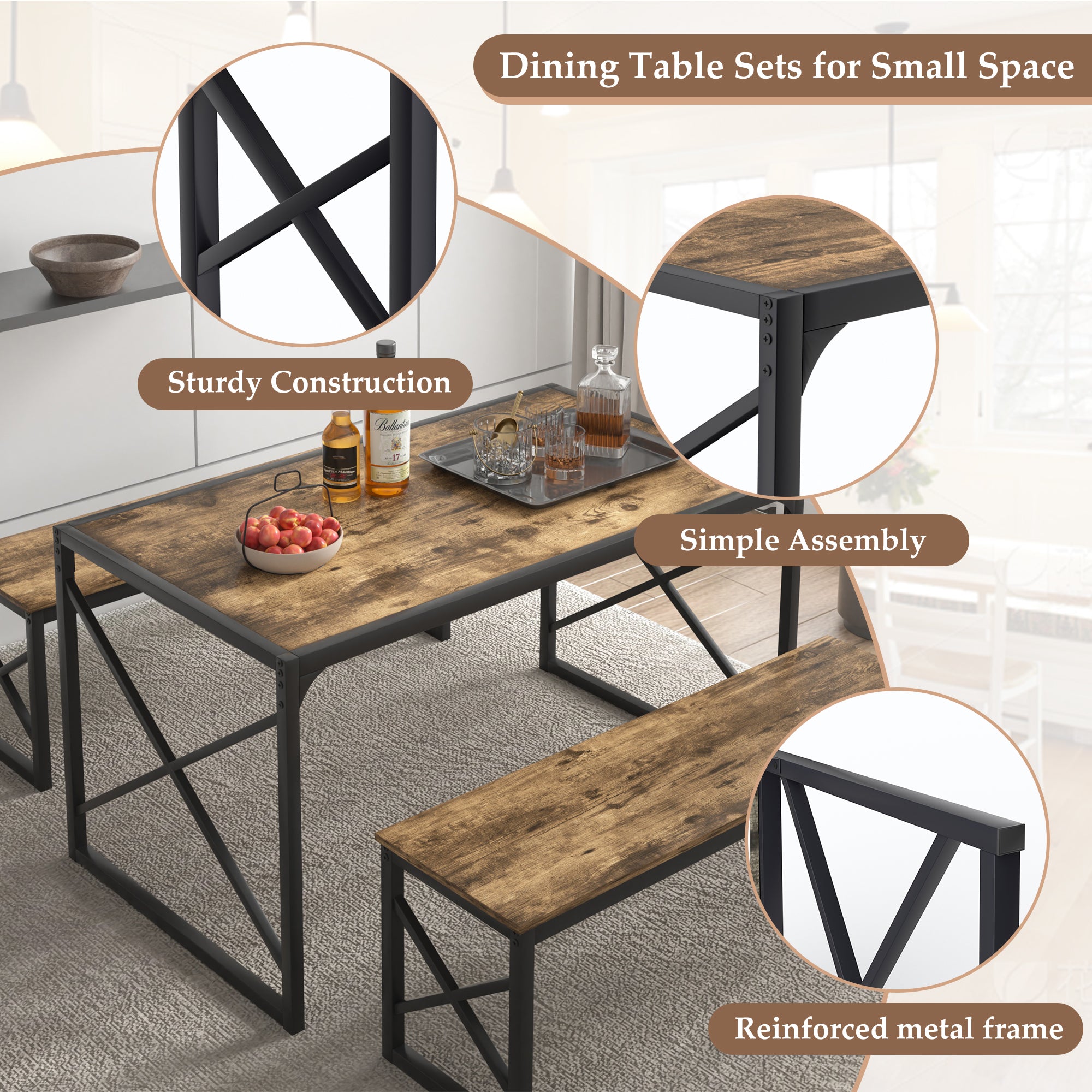 VECELO Kitchen Table with 2 Benches for 4 - VECELO