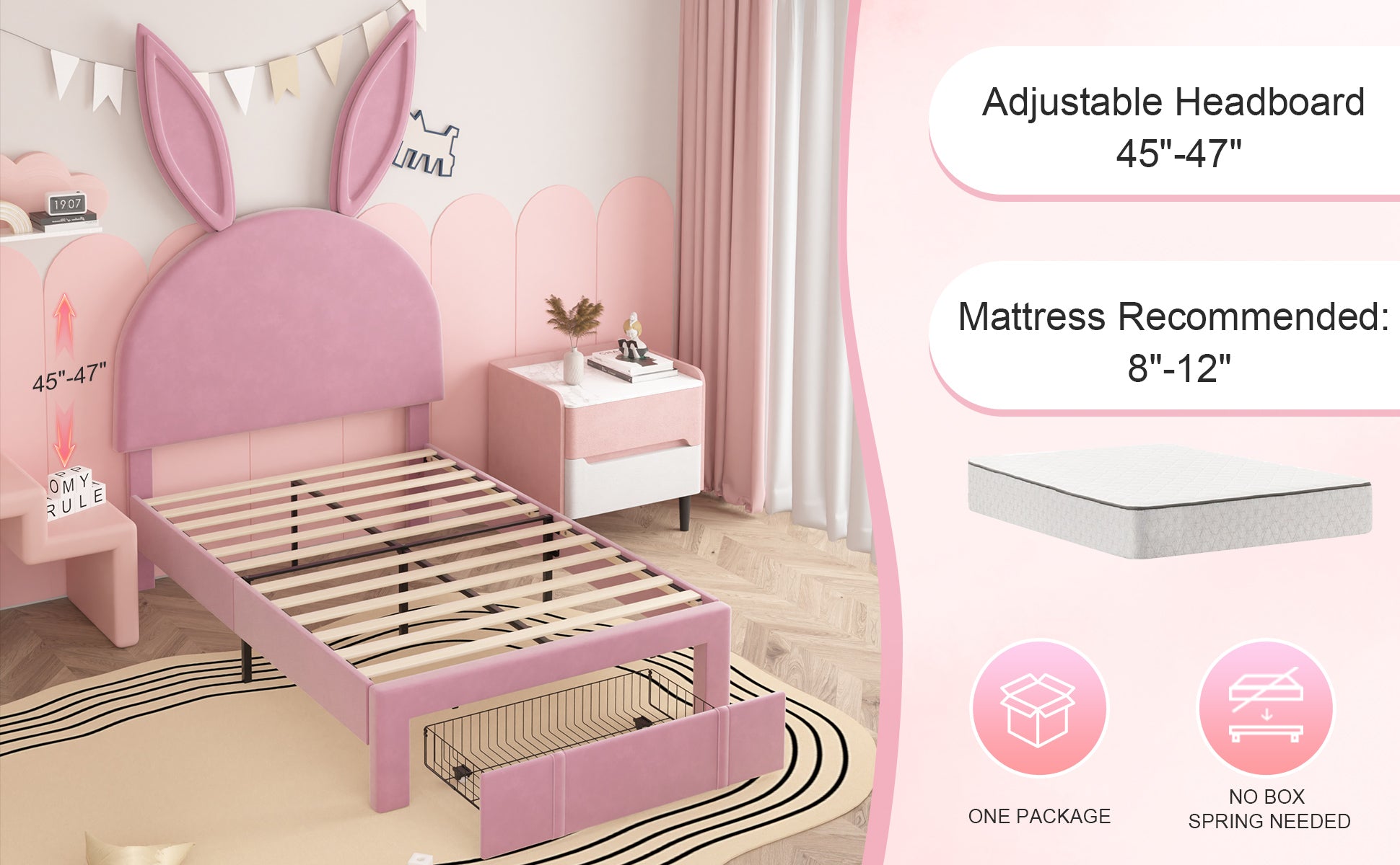 VECELO Twin Upholstered Bed Frame with Storage Drawer