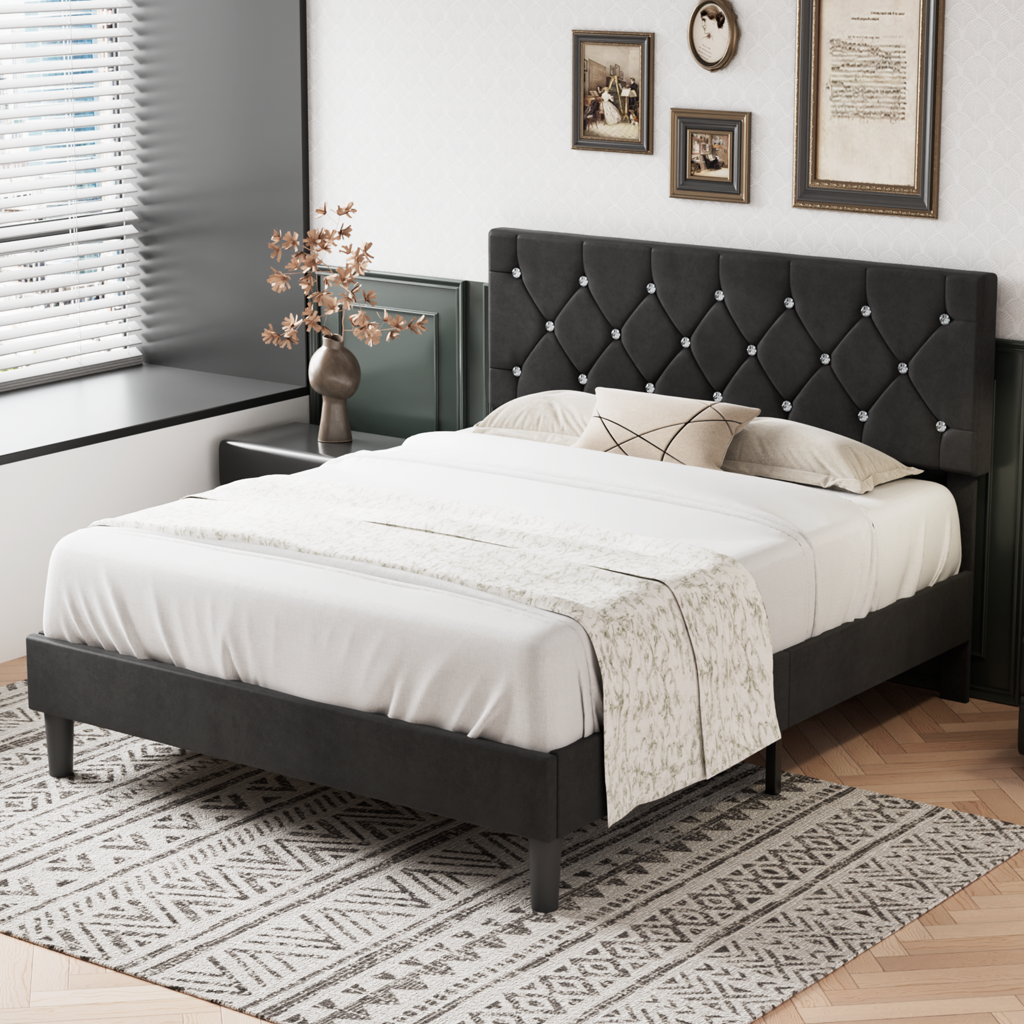 VECELO Bed Frame, Upholstered Platform with Adjustable Diamond Tufted Headboard