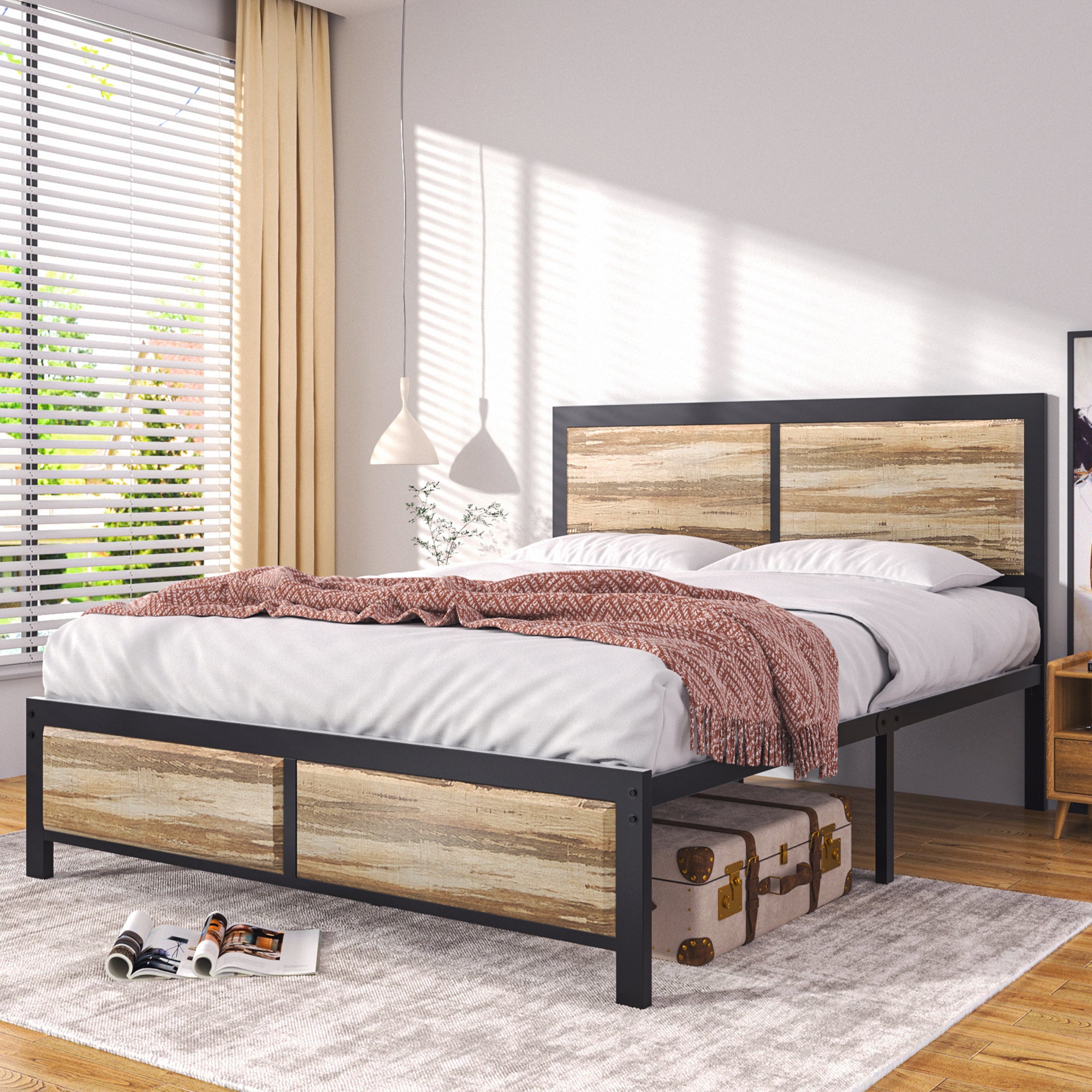VECELO Platform Bed Frame, Mattress Foundation with Rustic Vintage Wood Headboard
