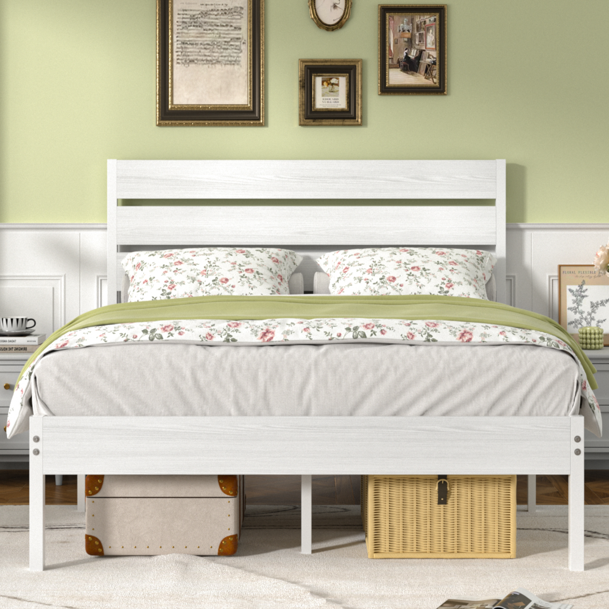VECELO Platform Bed Frame with Rustic Vintage Wood Headboard/Strong Metal Slats Support