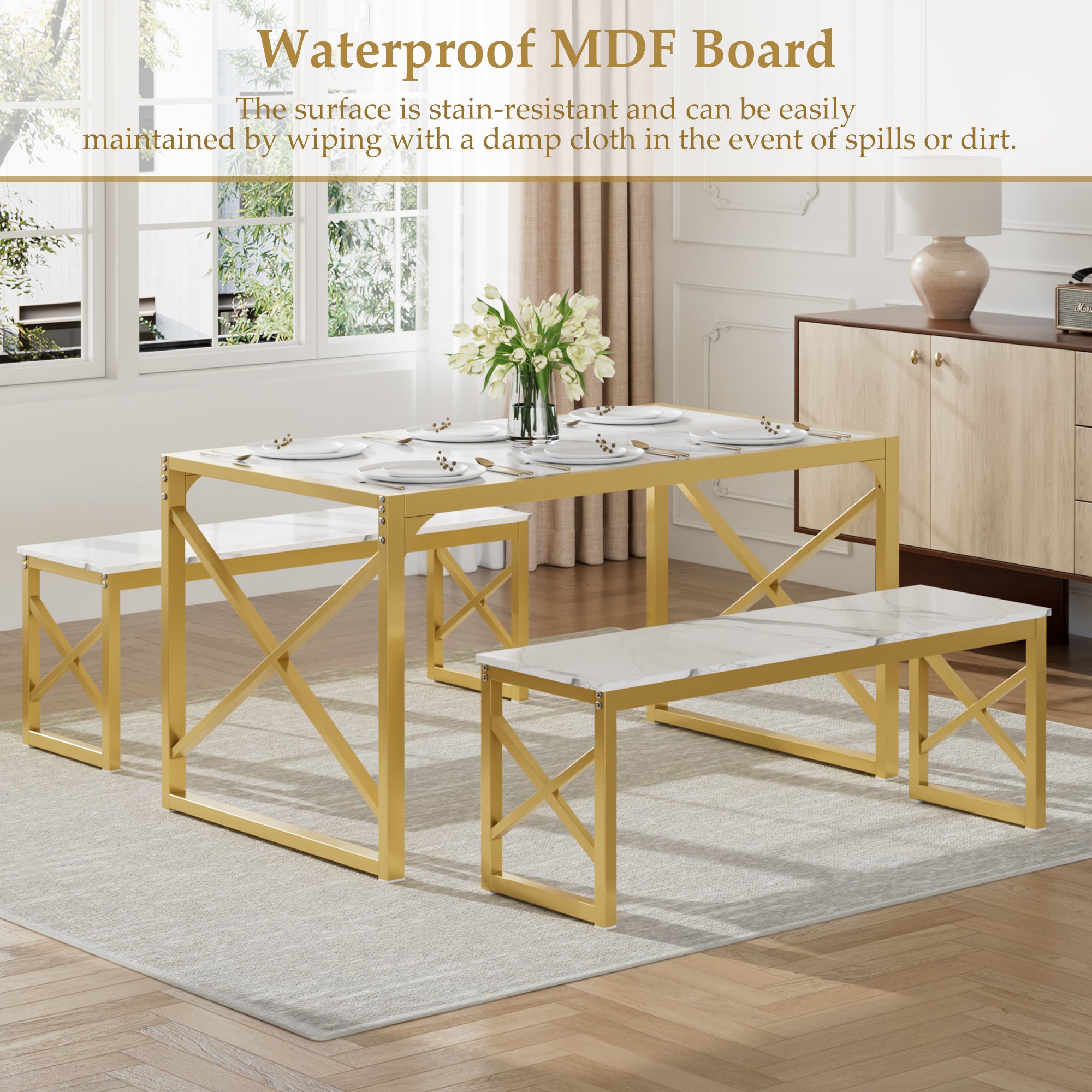 VECELO Kitchen Table with 2 Benches for 4 - VECELO