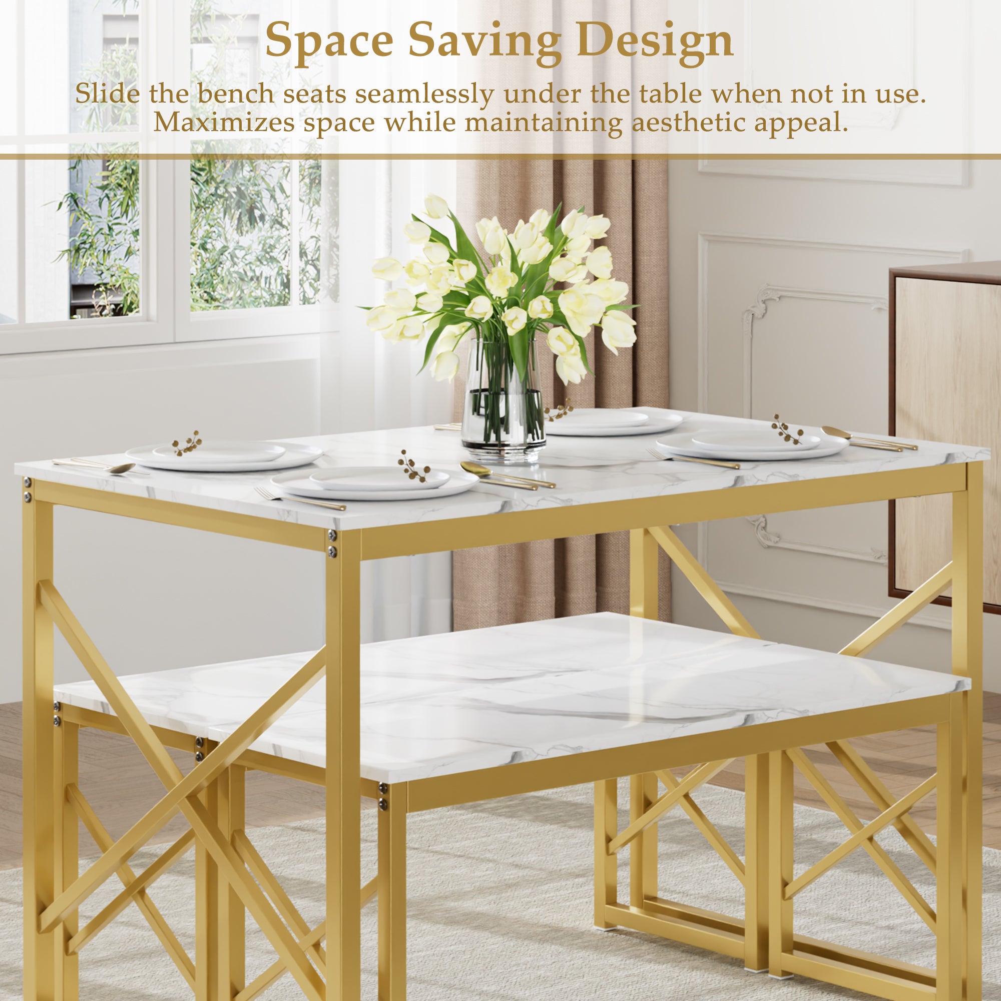 VECELO Kitchen Table with 2 Benches for 4 - VECELO