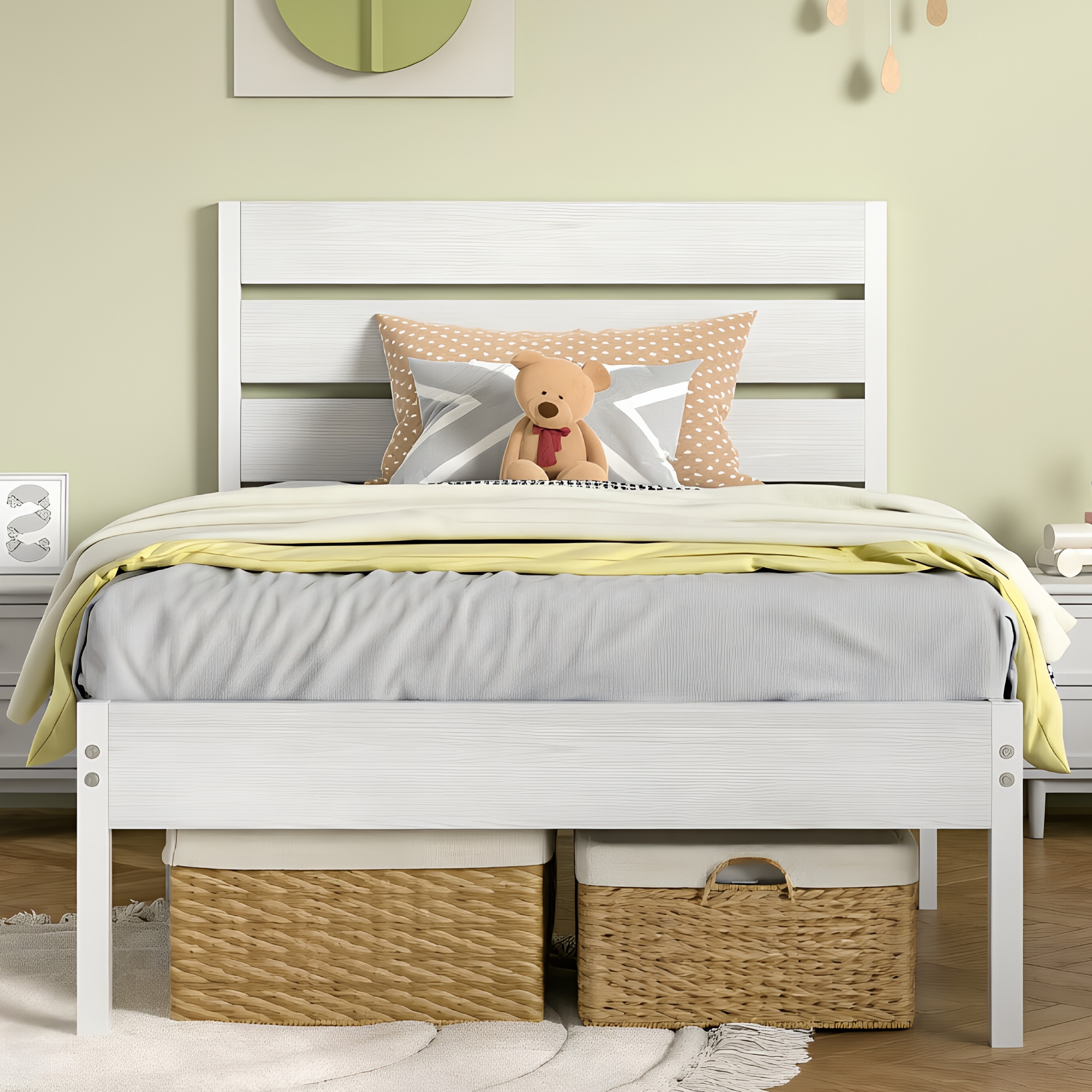 VECELO Platform Bed Frame with Rustic Vintage Wood Headboard/Strong Metal Slats Support