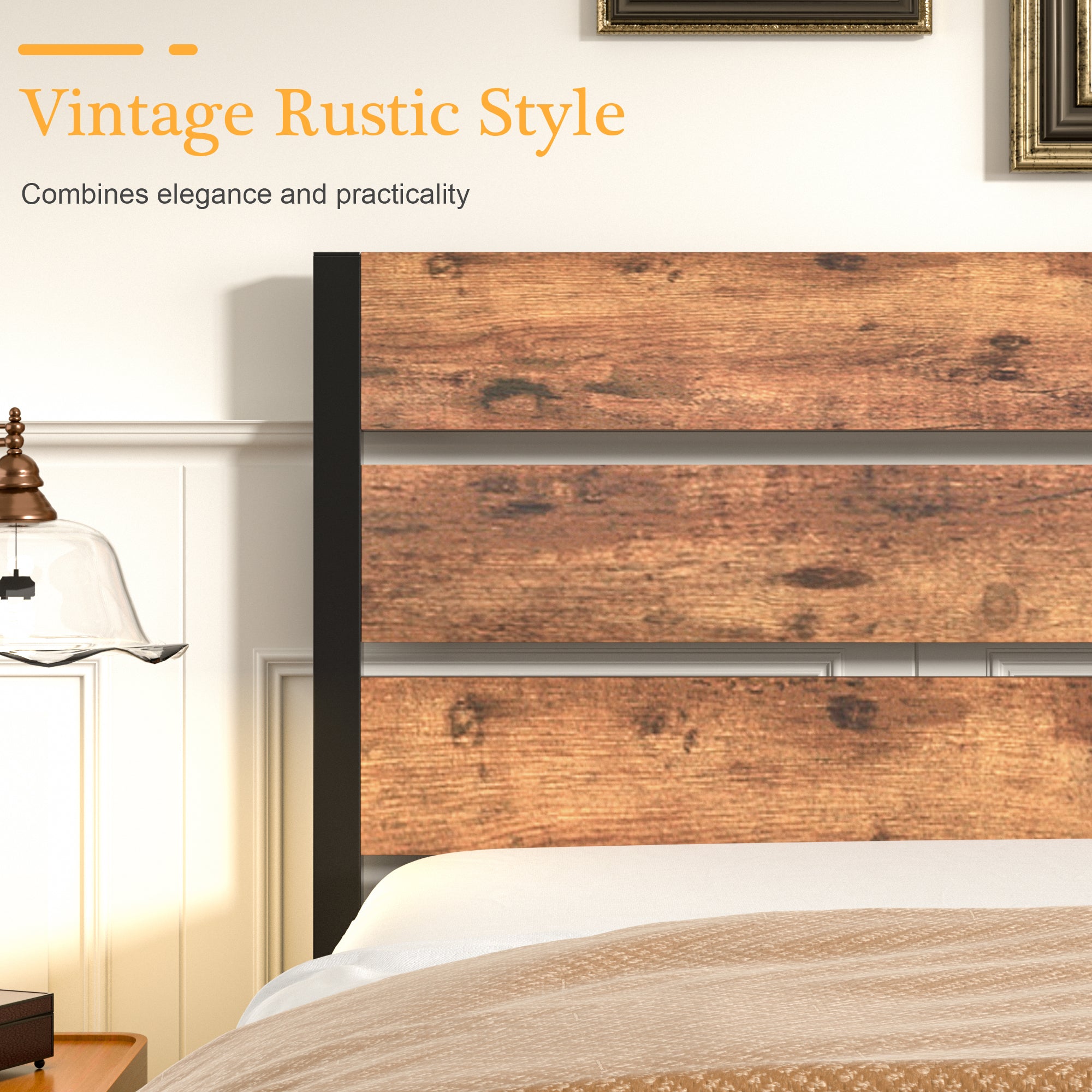 VECELO Platform Bed Frame with Rustic Vintage Wood Headboard/Strong Metal Slats Support