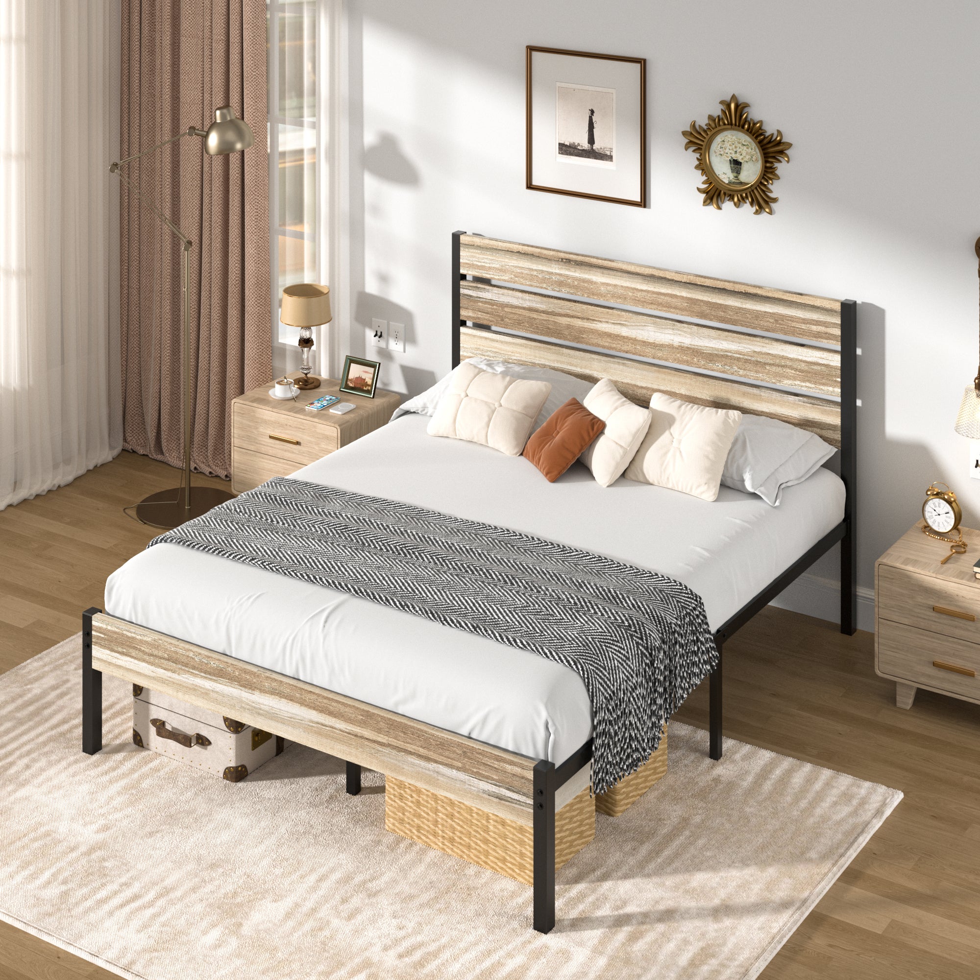 VECELO Platform Bed Frame with Rustic Vintage Wood Headboard/Strong Metal Slats Support