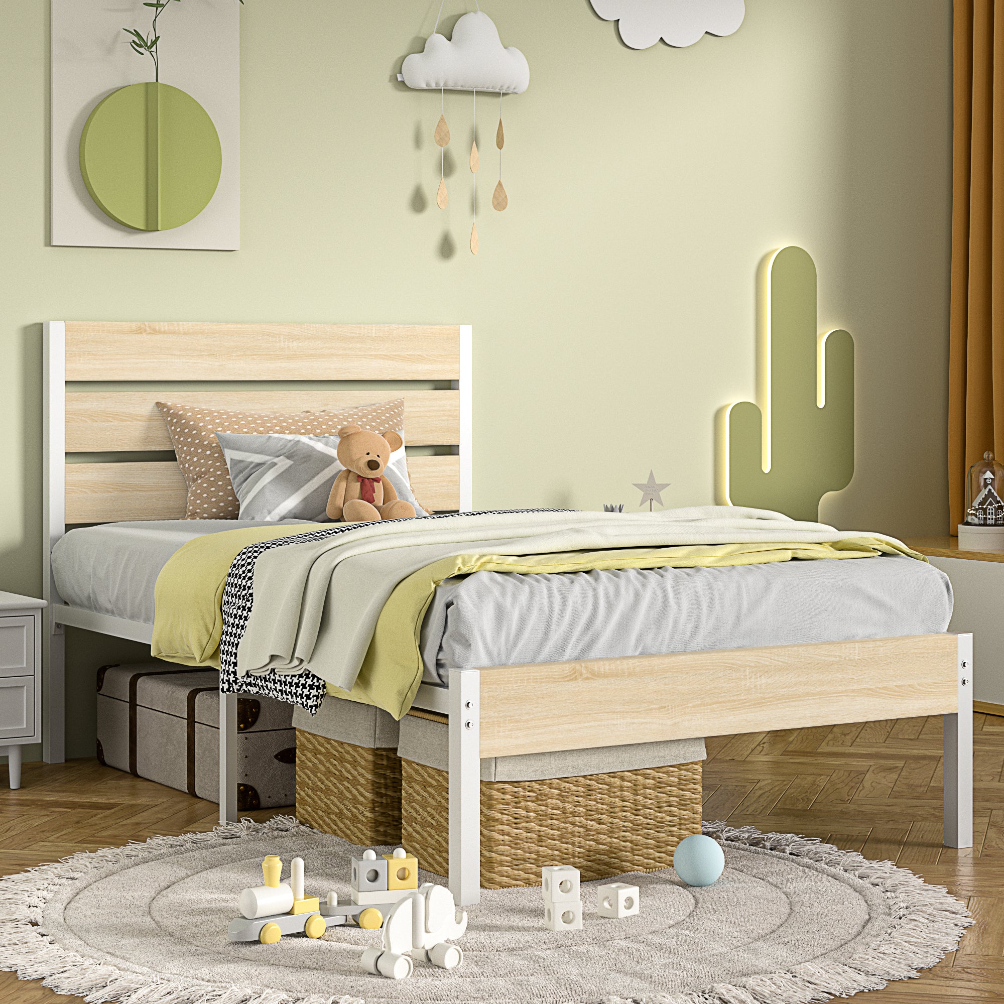 VECELO Platform Bed Frame with Rustic Vintage Wood Headboard/Strong Metal Slats Support