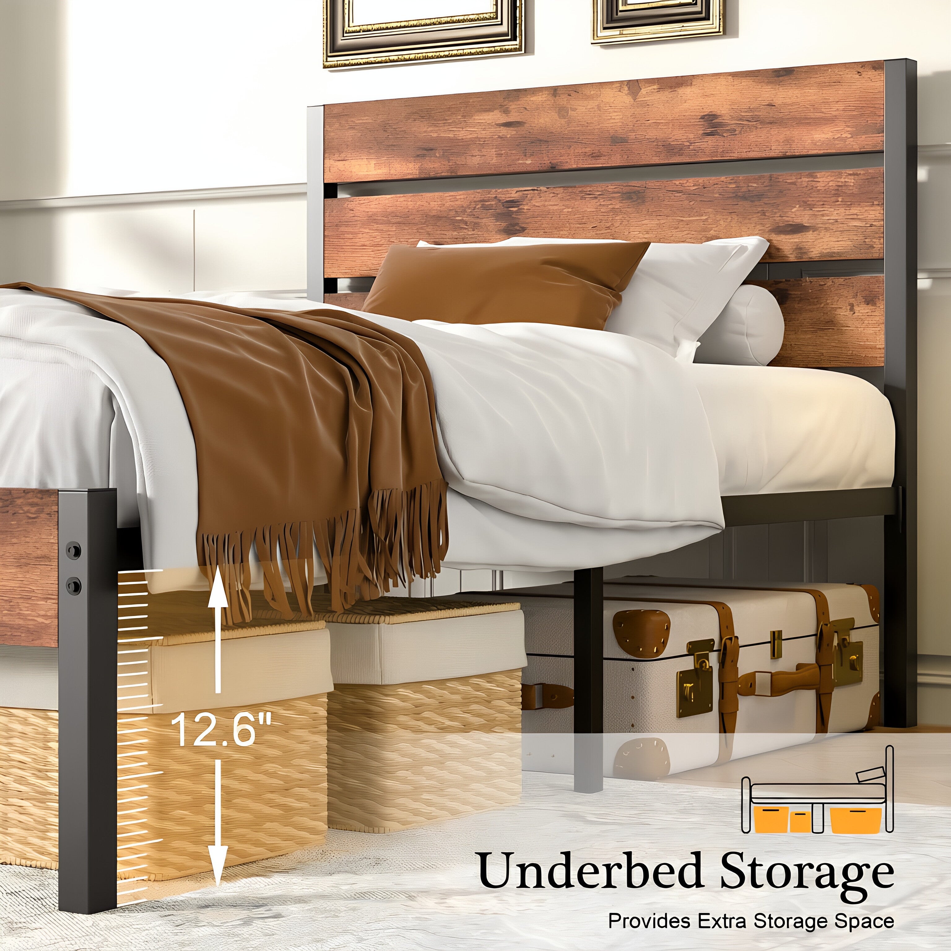 VECELO Platform Bed Frame with Rustic Vintage Wood Headboard/Strong Metal Slats Support