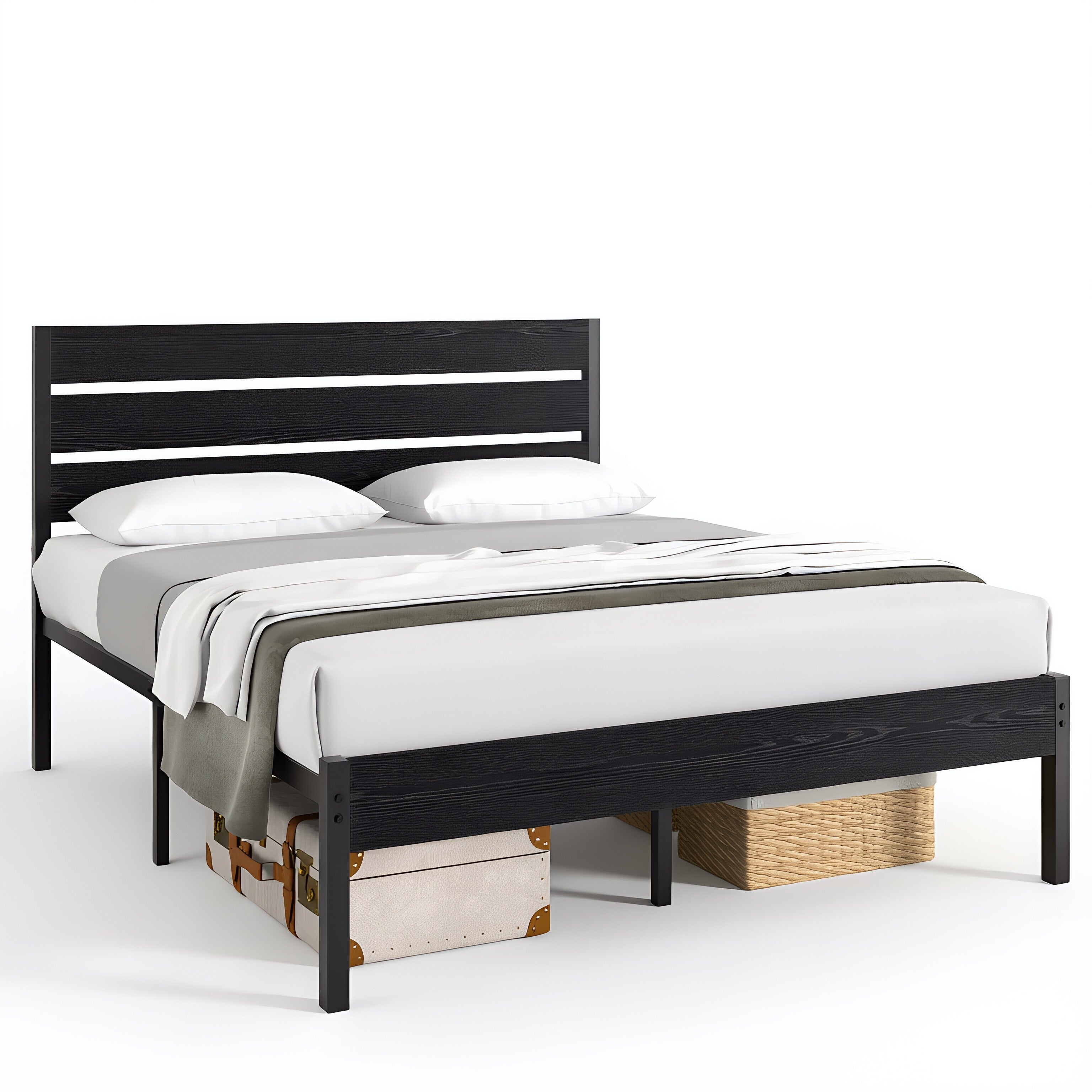 VECELO Platform Bed Frame with Rustic Vintage Wood Headboard/Strong Metal Slats Support