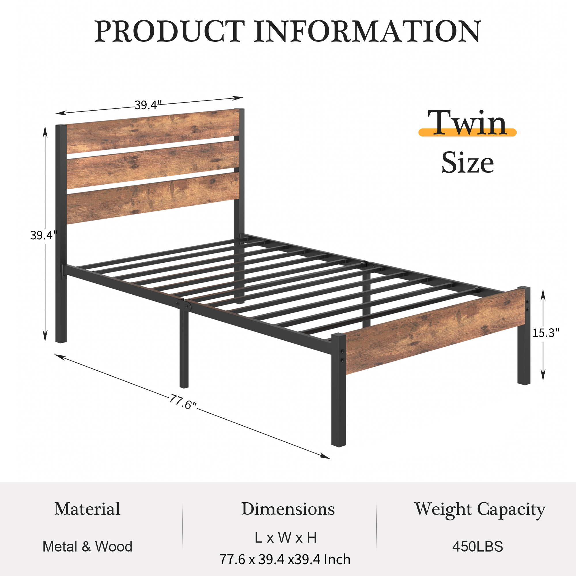 VECELO Platform Bed Frame with Rustic Vintage Wood Headboard/Strong Metal Slats Support