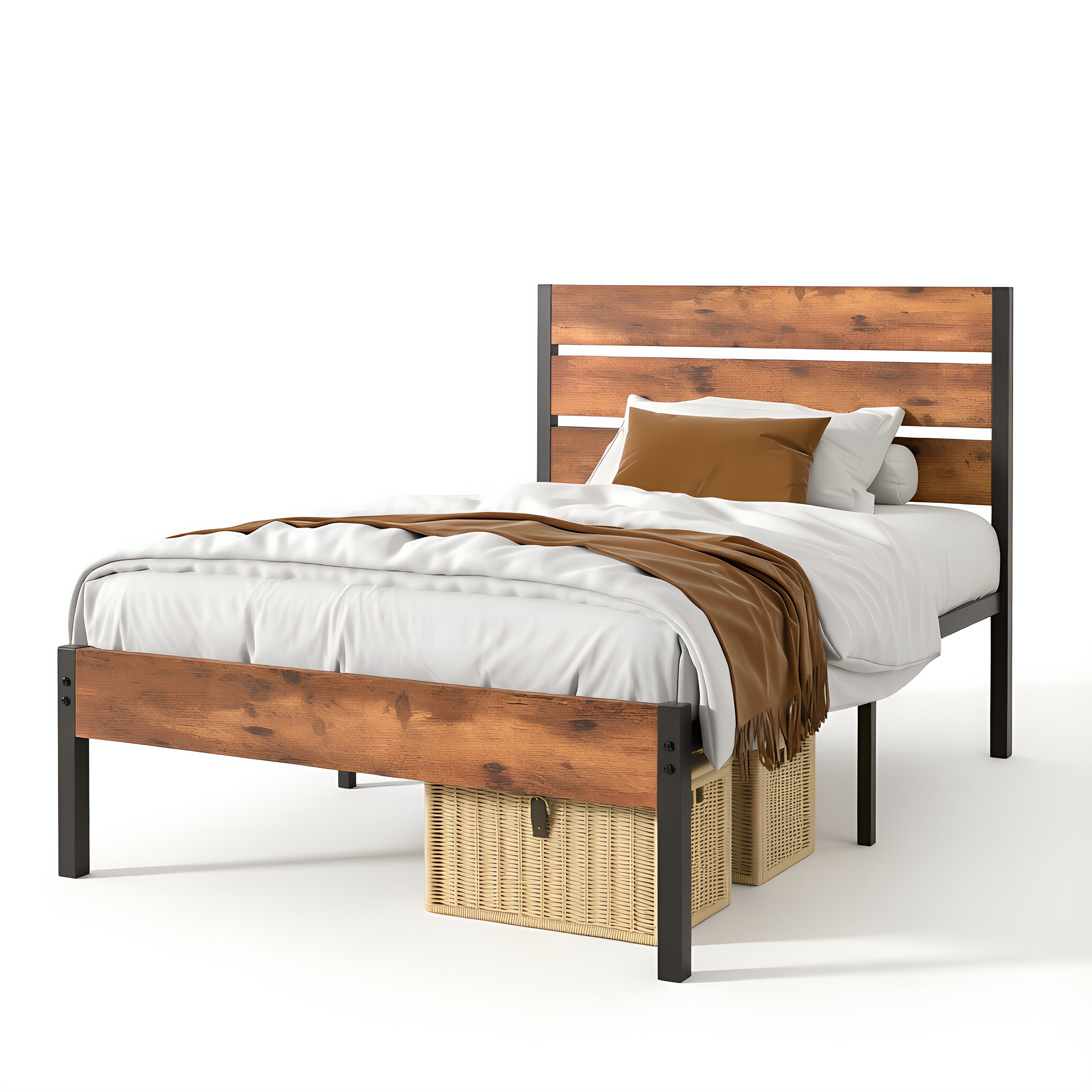VECELO Platform Bed Frame with Rustic Vintage Wood Headboard/Strong Metal Slats Support