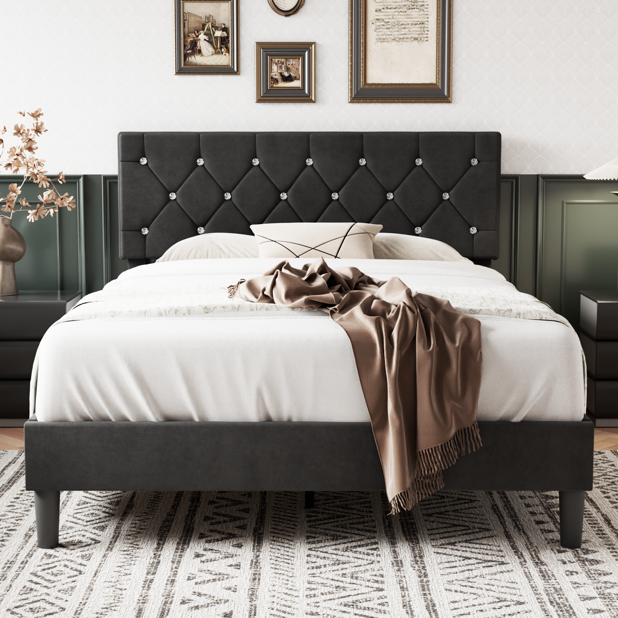 VECELO Bed Frame, Upholstered Platform with Adjustable Diamond Tufted Headboard