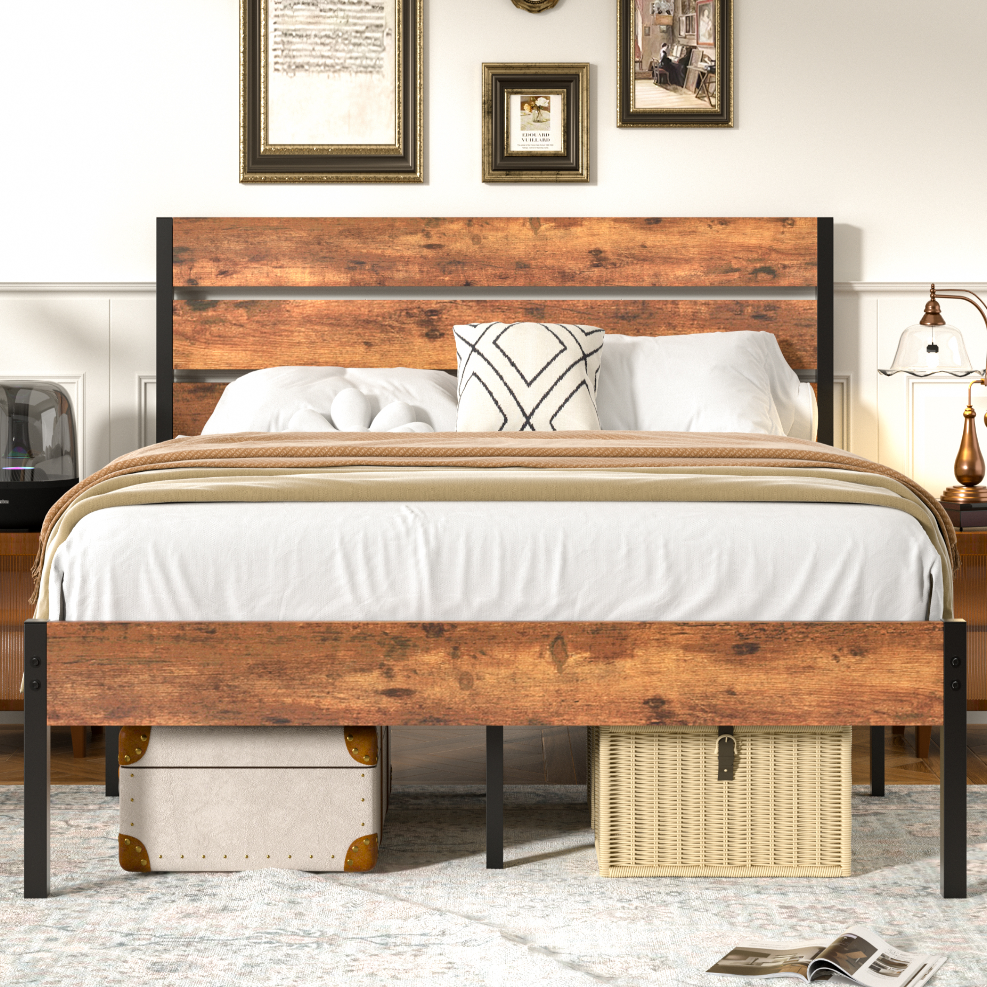 VECELO Platform Bed Frame with Rustic Vintage Wood Headboard/Strong Metal Slats Support