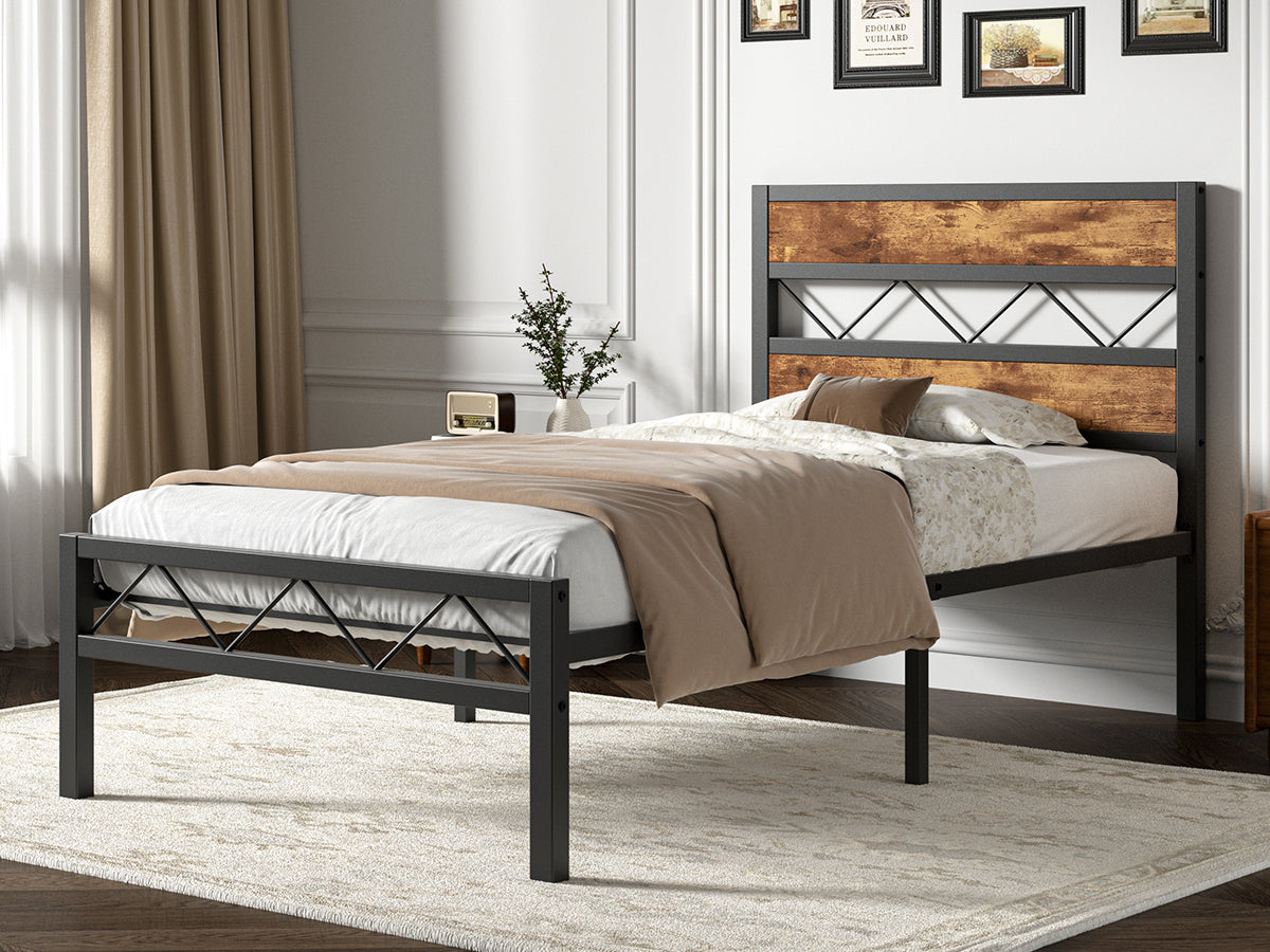 VECELO Metal Platform Bed Frame with Rustic Vintage Wooden Headboard