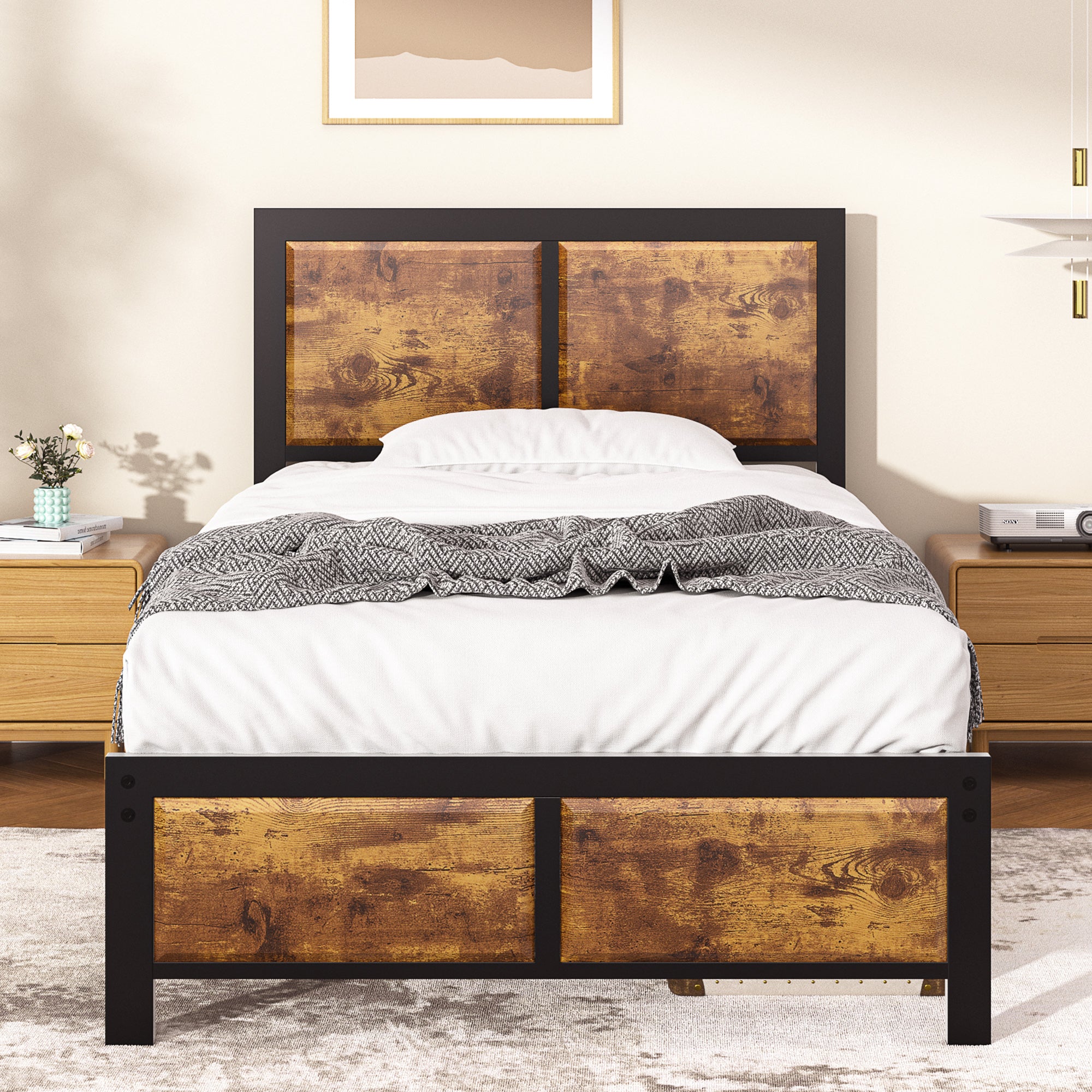 VECELO Platform Bed Frame, Mattress Foundation with Rustic Vintage Wood Headboard