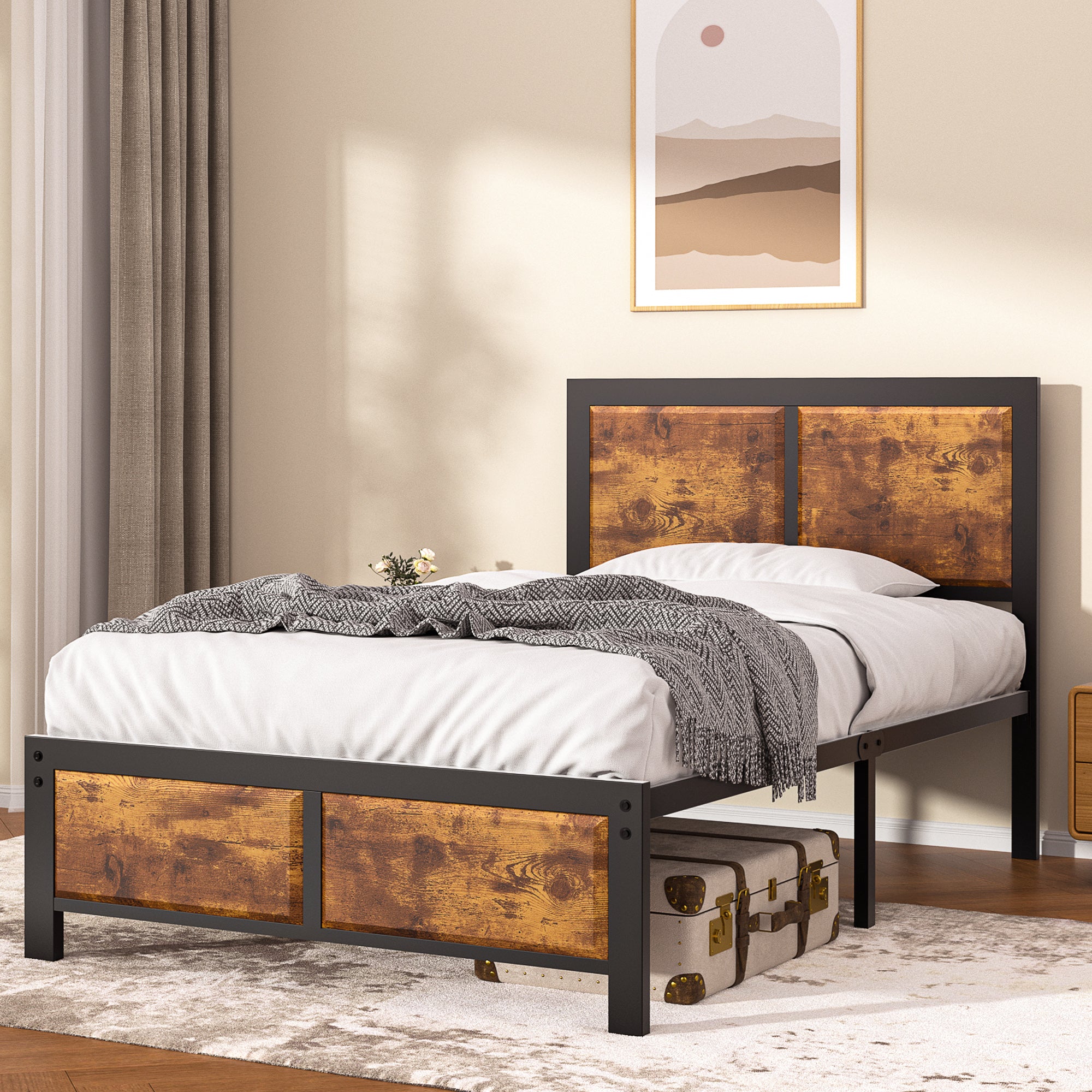 VECELO Platform Bed Frame, Mattress Foundation with Rustic Vintage Wood Headboard