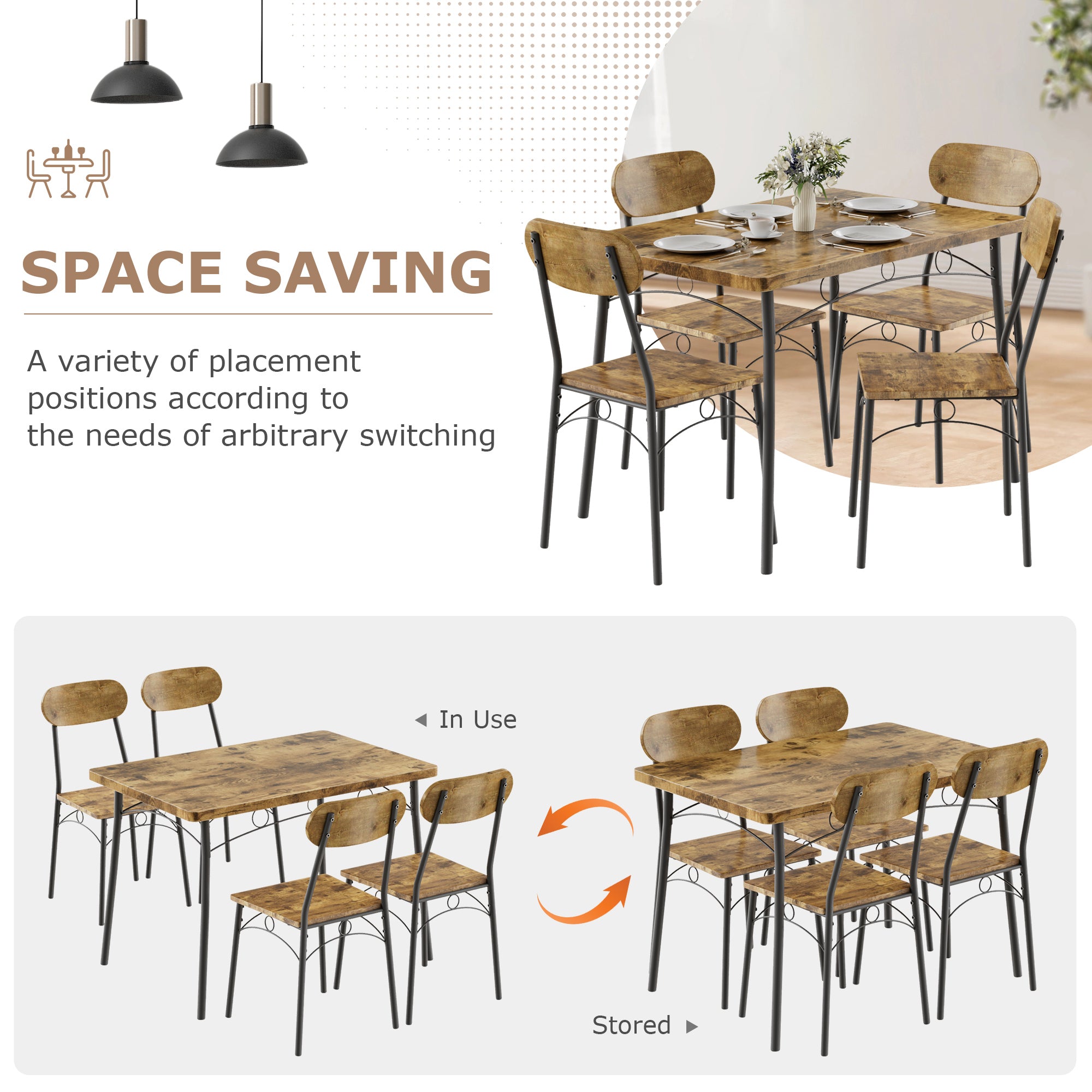 VECELO  Farmhouse Style 5 Piece Dining Table Set Metal and Wood Rectangular Table with 4 Chairs - VECELO