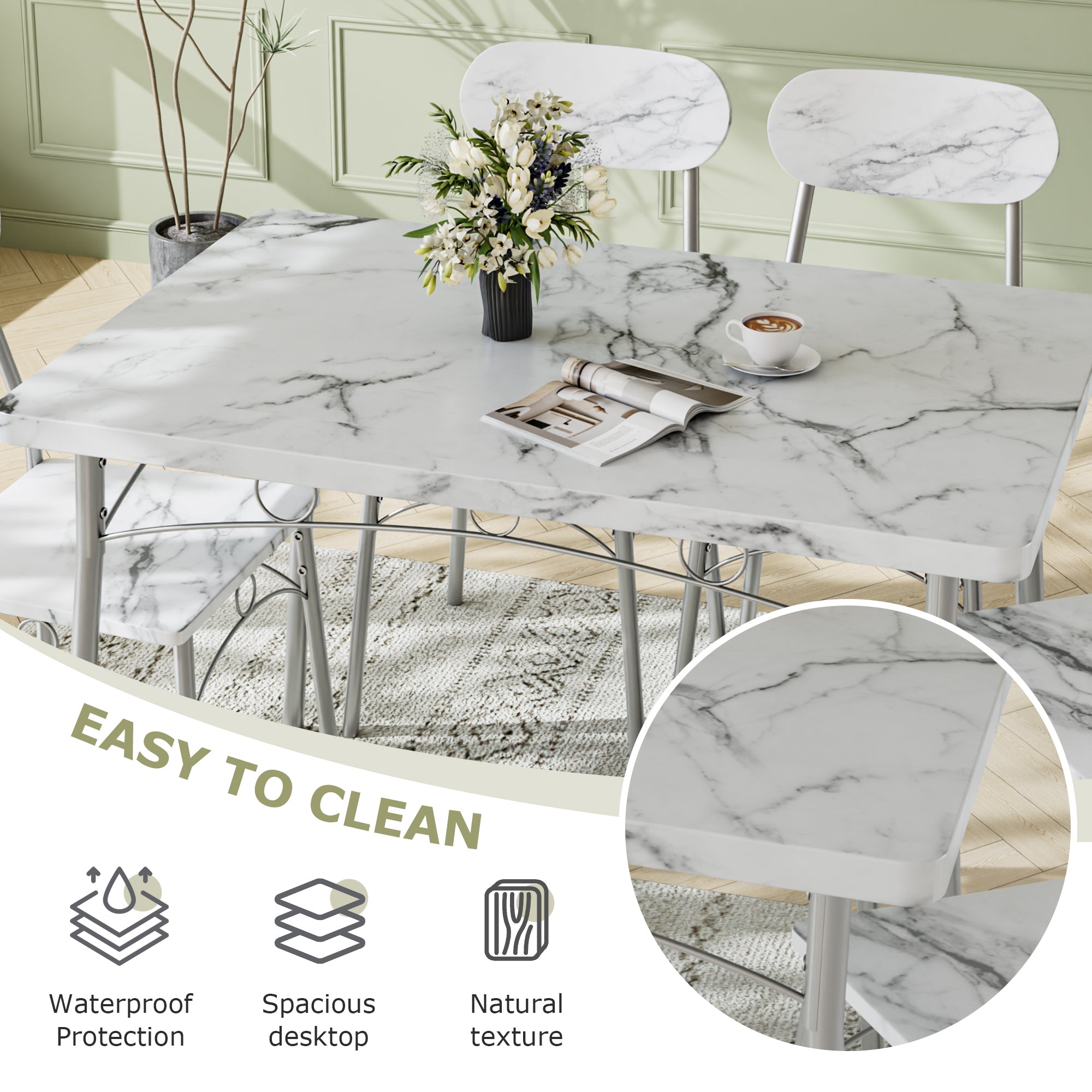 VECELO  Farmhouse Style 5 Piece Dining Table Set Metal and Wood Rectangular Table with 4 Chairs - VECELO