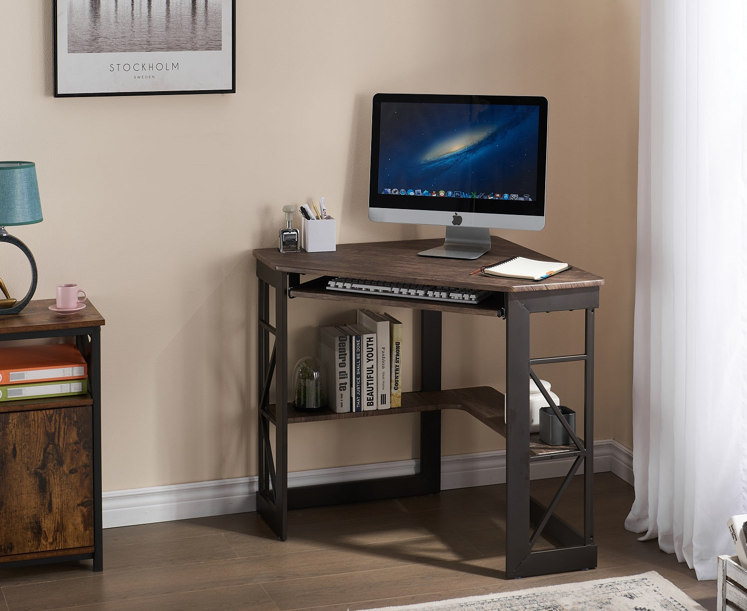 VECELO Corner Computer Desk Writing Smooth Keyboard Tray & Storage Shelves
