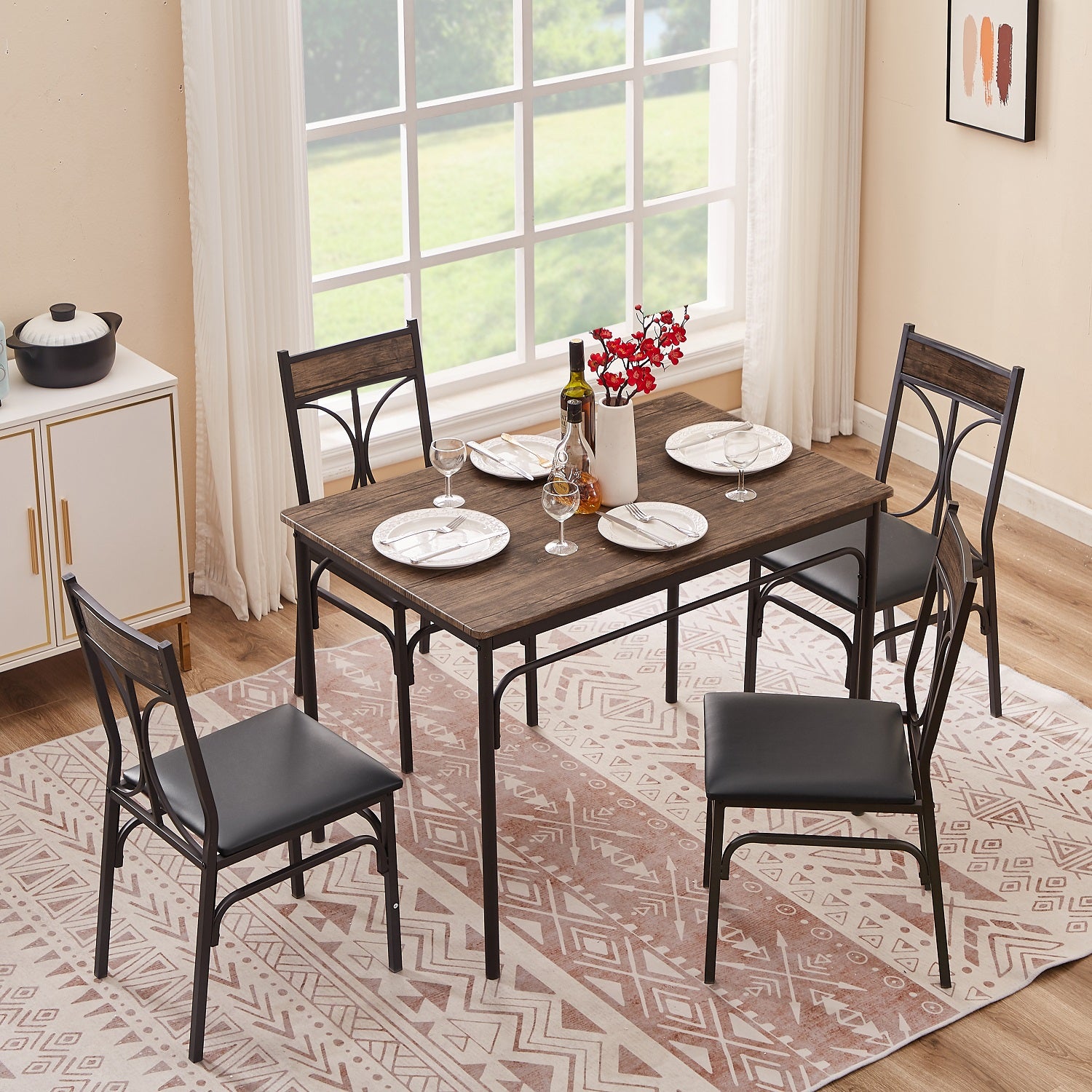 VECELO Industrial 5-Piece Modern Rectangular Dining Table Set with 4 Chairs