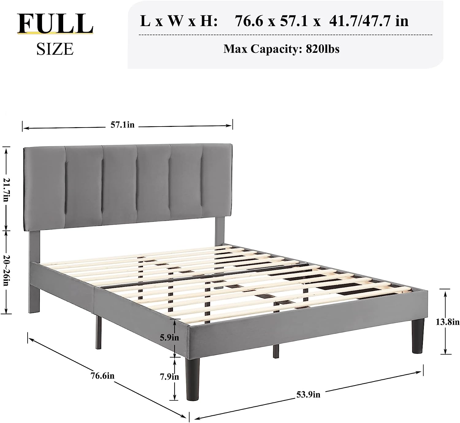 VECELO Modern Upholstered Platform Bedframe, Adjustable Headboard