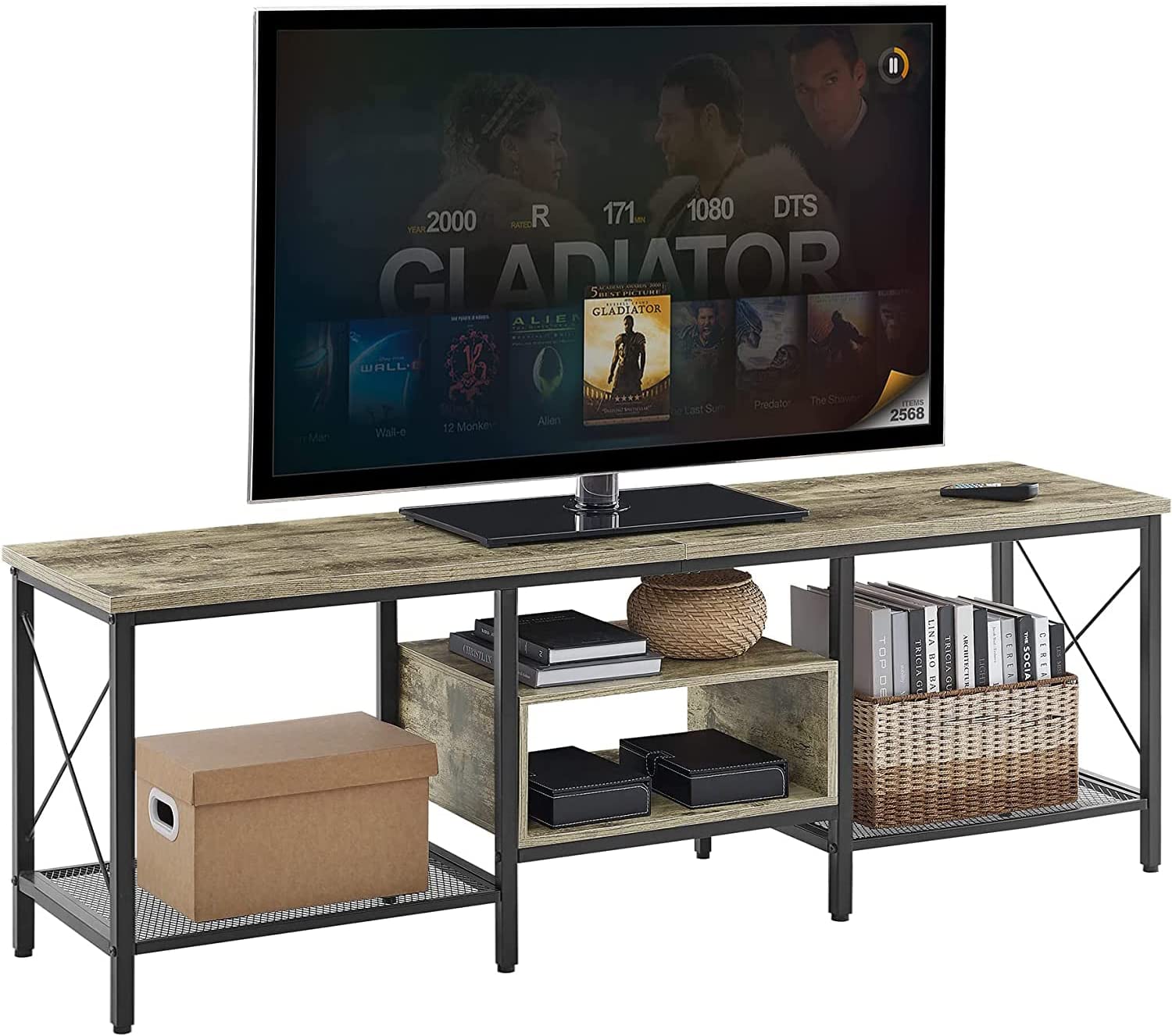 VECELO Industrial TV Stand Television Cabinet 3-Tier Console with Open Storage Shelves, Entertainment Center with Metal Frame for Living Room
