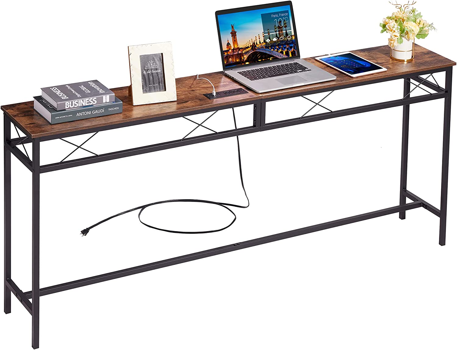 VECELO Extra Long Narrow Sofa/Console Table with Charging Station & Power Outlet and USB Ports - VECELO