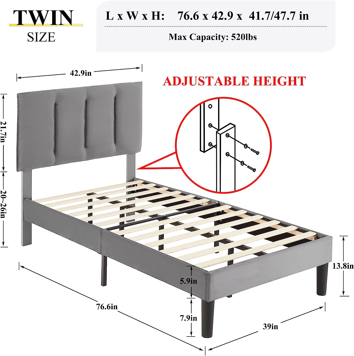 VECELO Modern Upholstered Platform Bedframe, Adjustable Headboard