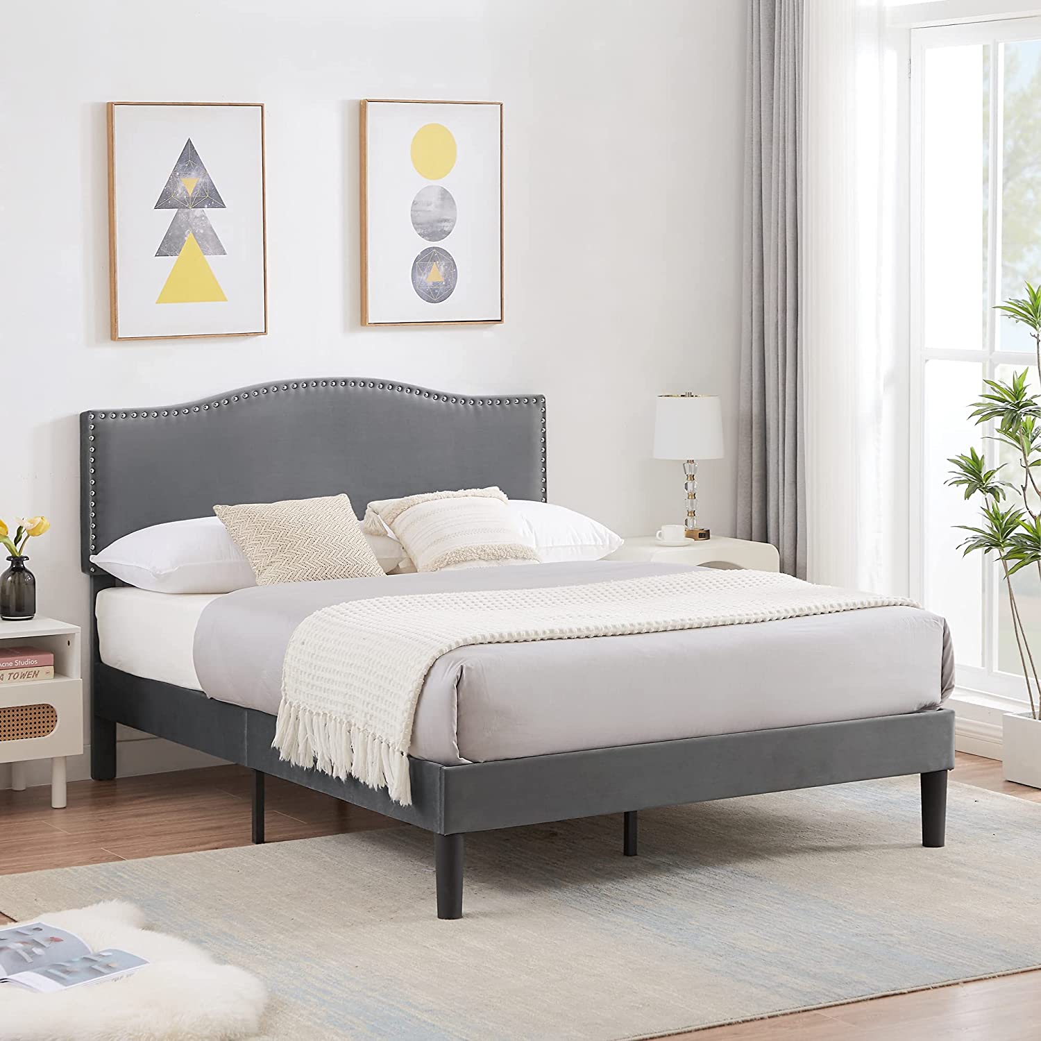 VECELO Bed Frame Platform with Upholstered Headboard & Wooden Slats Support - VECELO