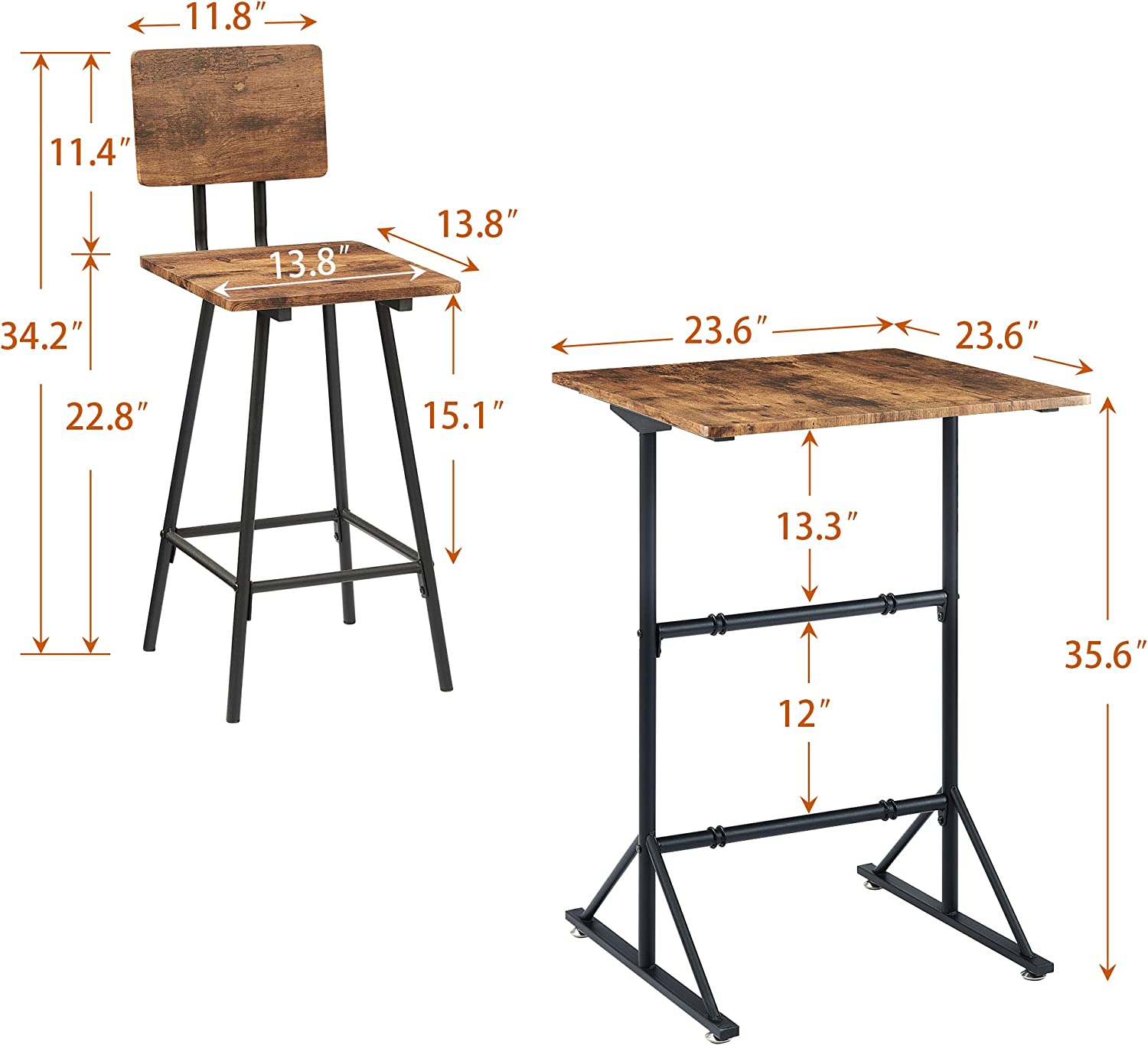 VECELO 3 Piece Bar Table Set, Wood Rectangle Counter Height Dinette with 2 Bistro Stools