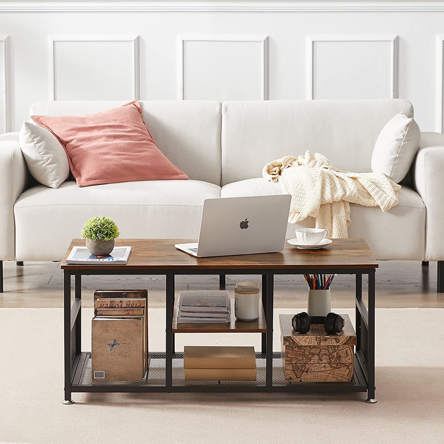 VECELO 39.4 Inch TV Stand/Coffee Table with Storage and Mesh Shelf for Living Room - VECELO