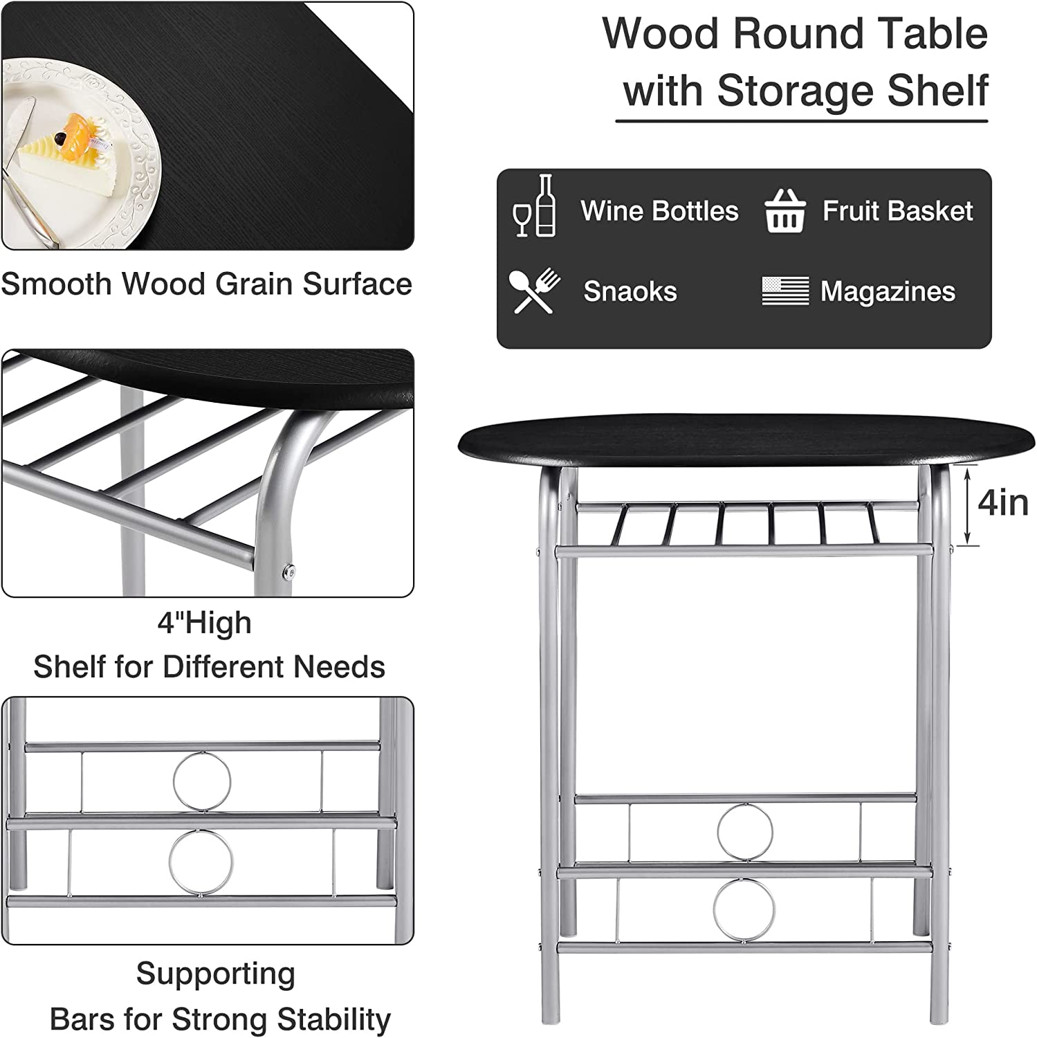 VECELO 3 Piece Wood Round Table & Chair Set with Wine Storage Rack for Dining Room Kitchen Bar Breakfast - VECELO