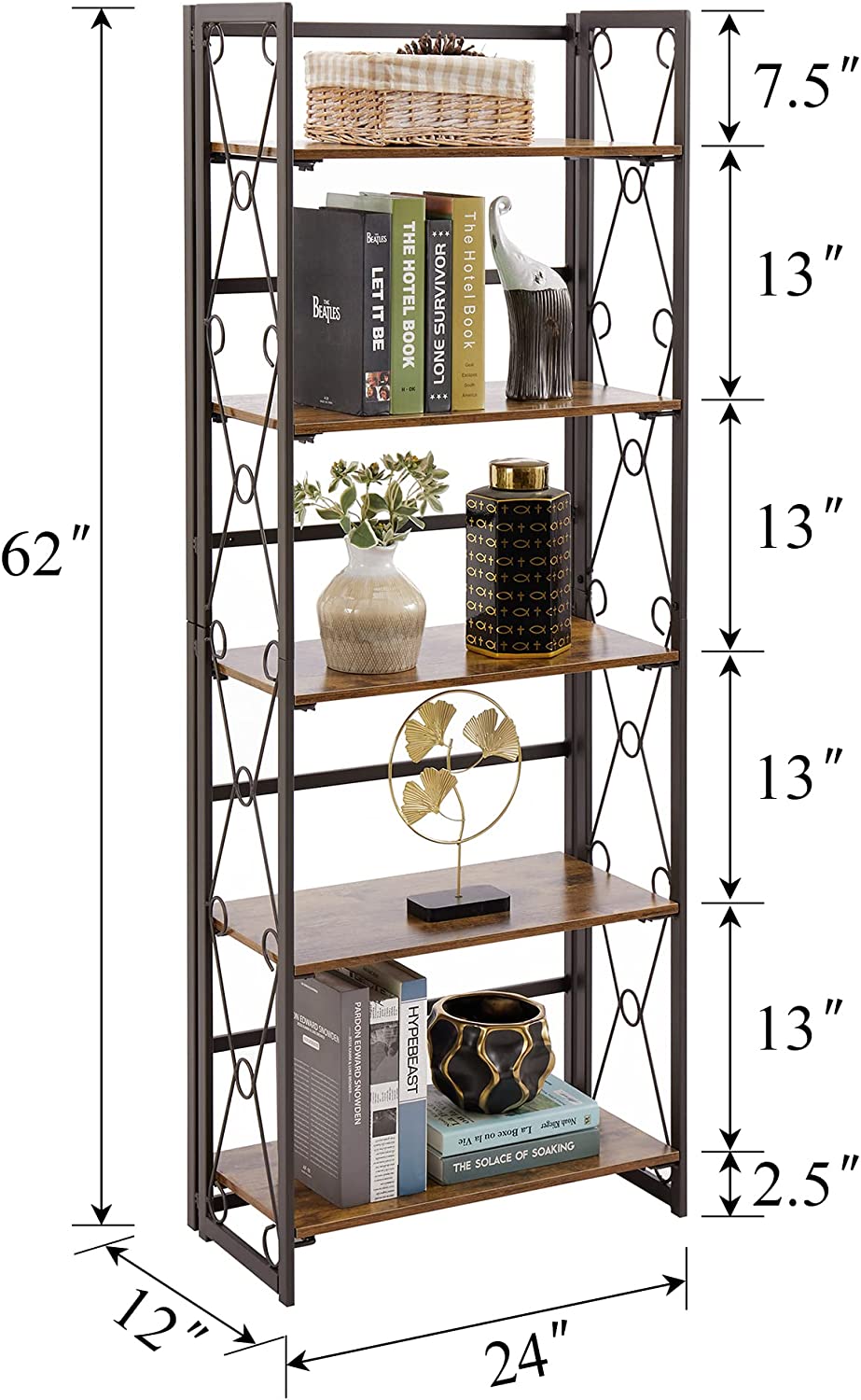 VECELO Bookshelf No Assembly, 5 Shelf Folding Bookcase, Book Shelves Organizer - VECELO