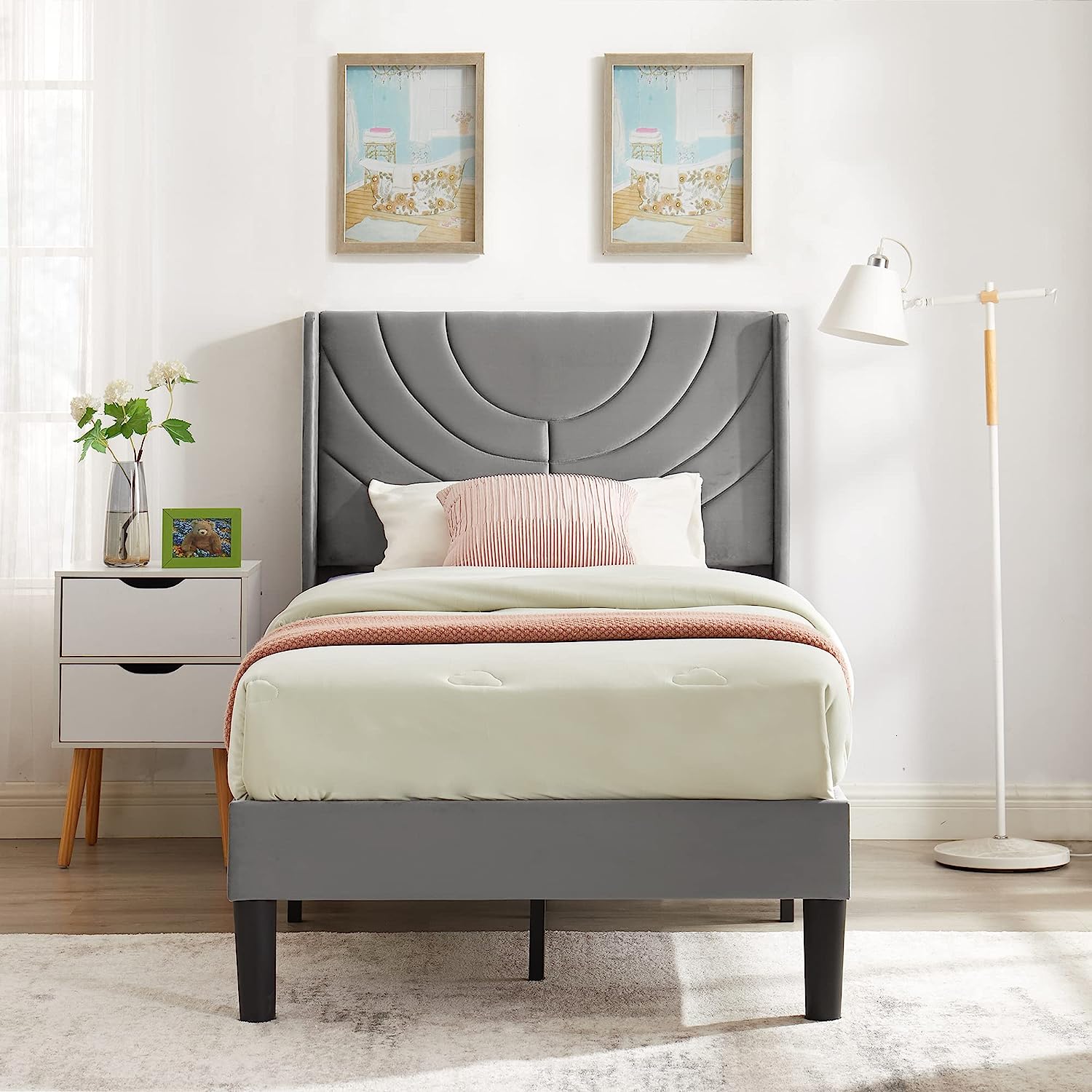 VECELO Upholstered Platform Bed Frame with Adjustable Fabric Headboard