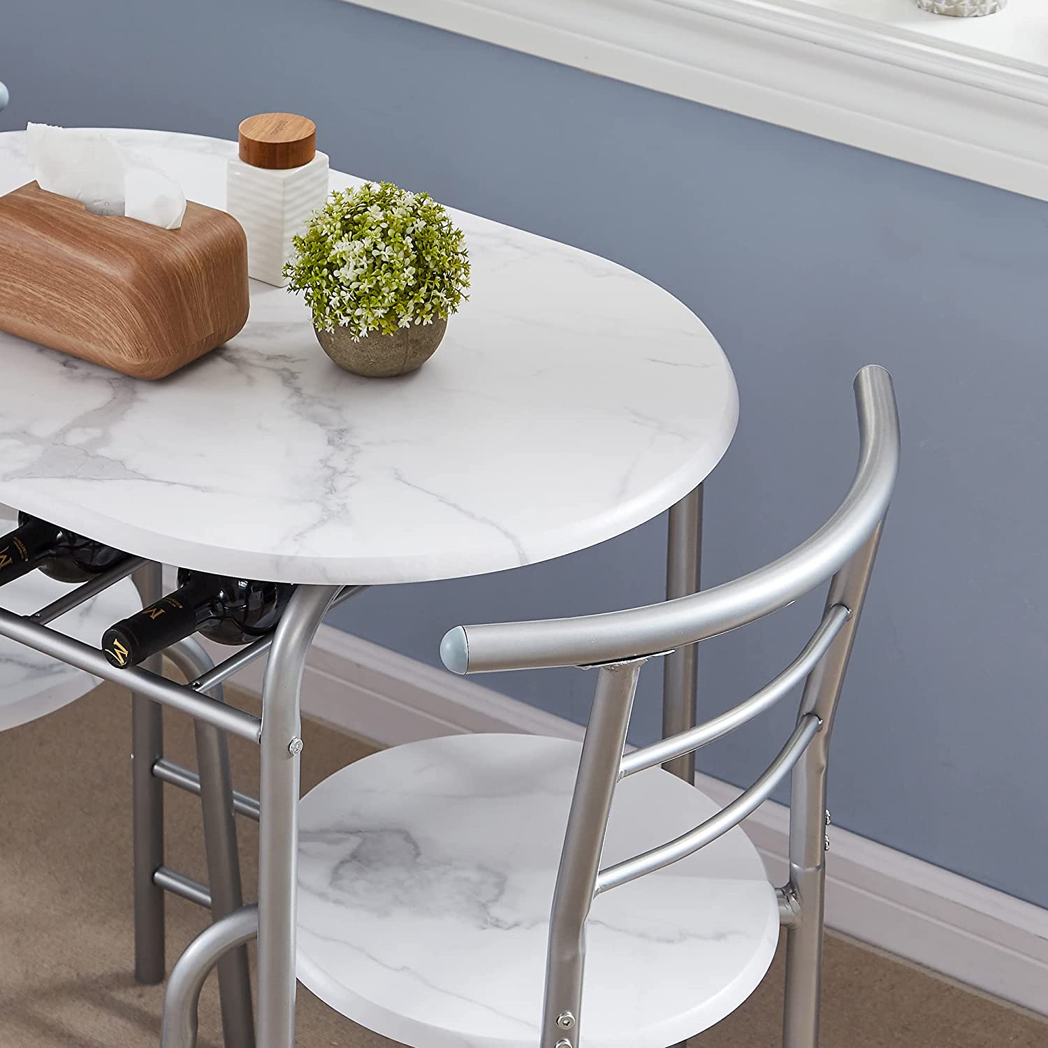 VECELO 3 Piece Wood Round Table & Chair Set with Wine Storage Rack for Dining Room Kitchen Bar Breakfast - VECELO