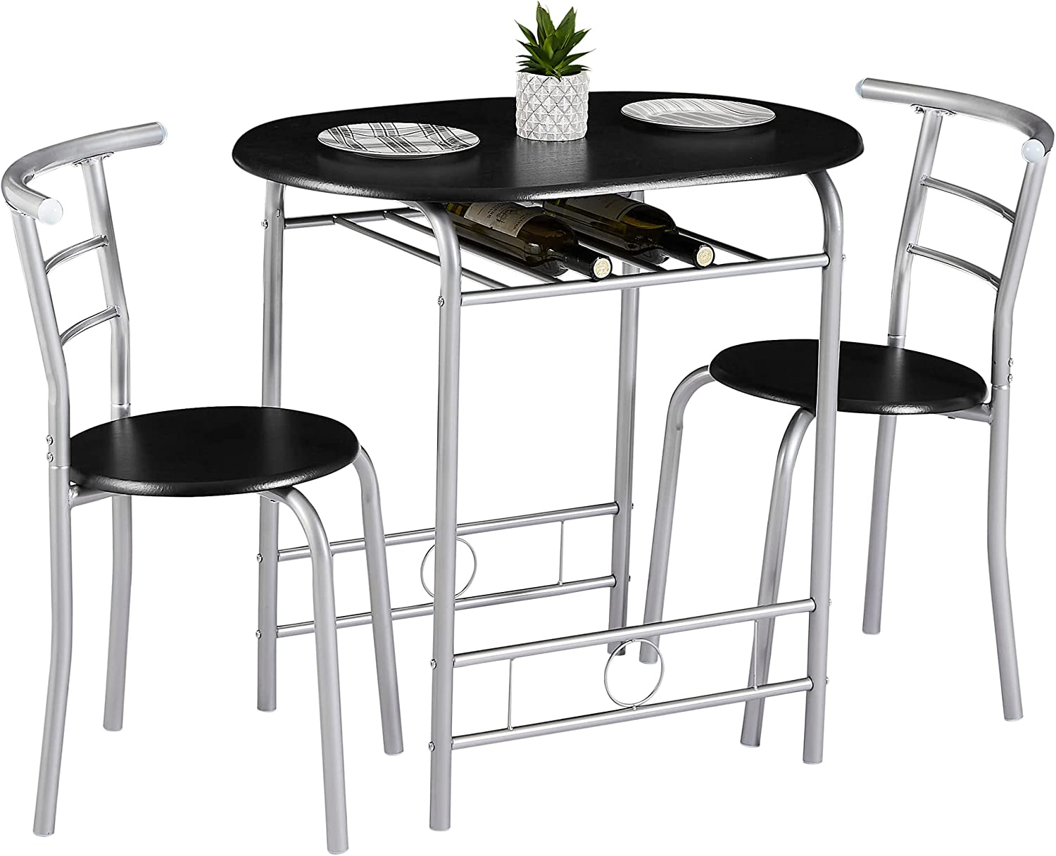 VECELO 3 Piece Wood Round Table & Chair Set with Wine Storage Rack for Dining Room Kitchen Bar Breakfast - VECELO