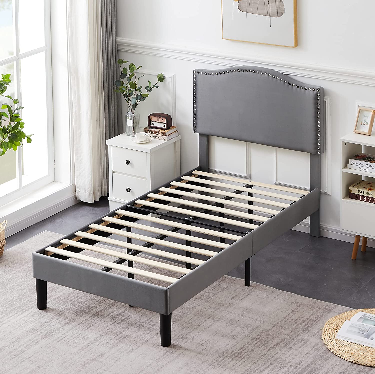 VECELO Bed Frame Platform with Upholstered Headboard & Wooden Slats Support - VECELO